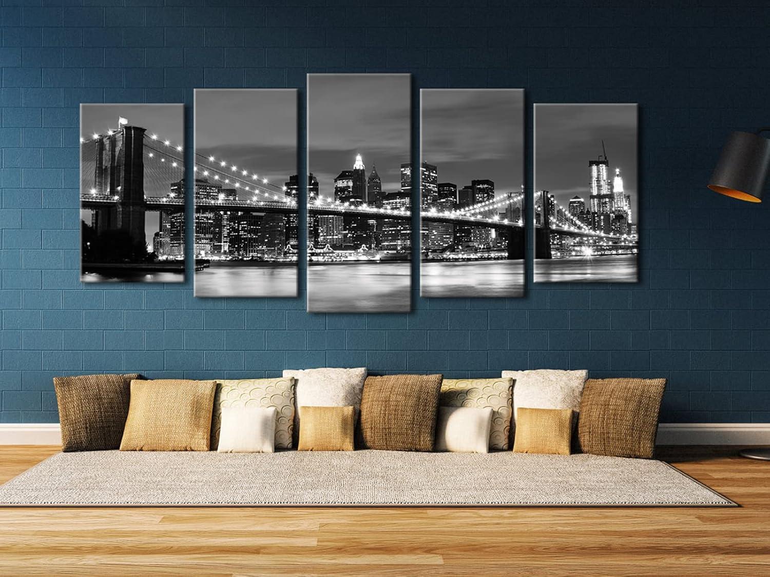 Wieco Art Large Brooklyn Bridge Night View Modern Giclee Canvas Prints Artwork Landscape Pictures to Photo Paintings on Stretched and Framed Canvas Wall Art for Home Decorations