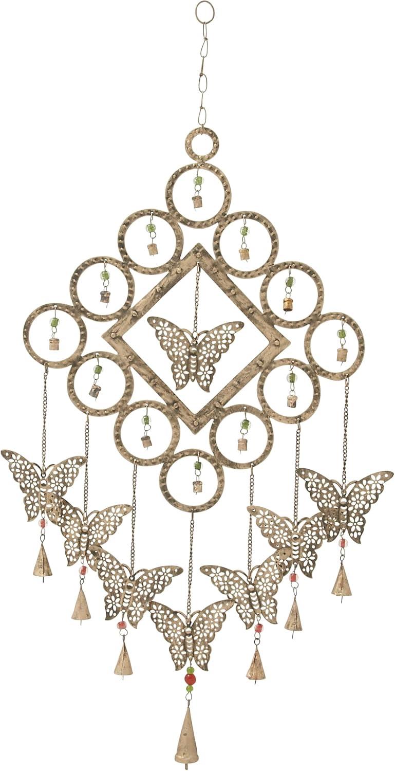 DecMode 36" Brass Metal Butterfly Windchime with Beads and Cone Bells