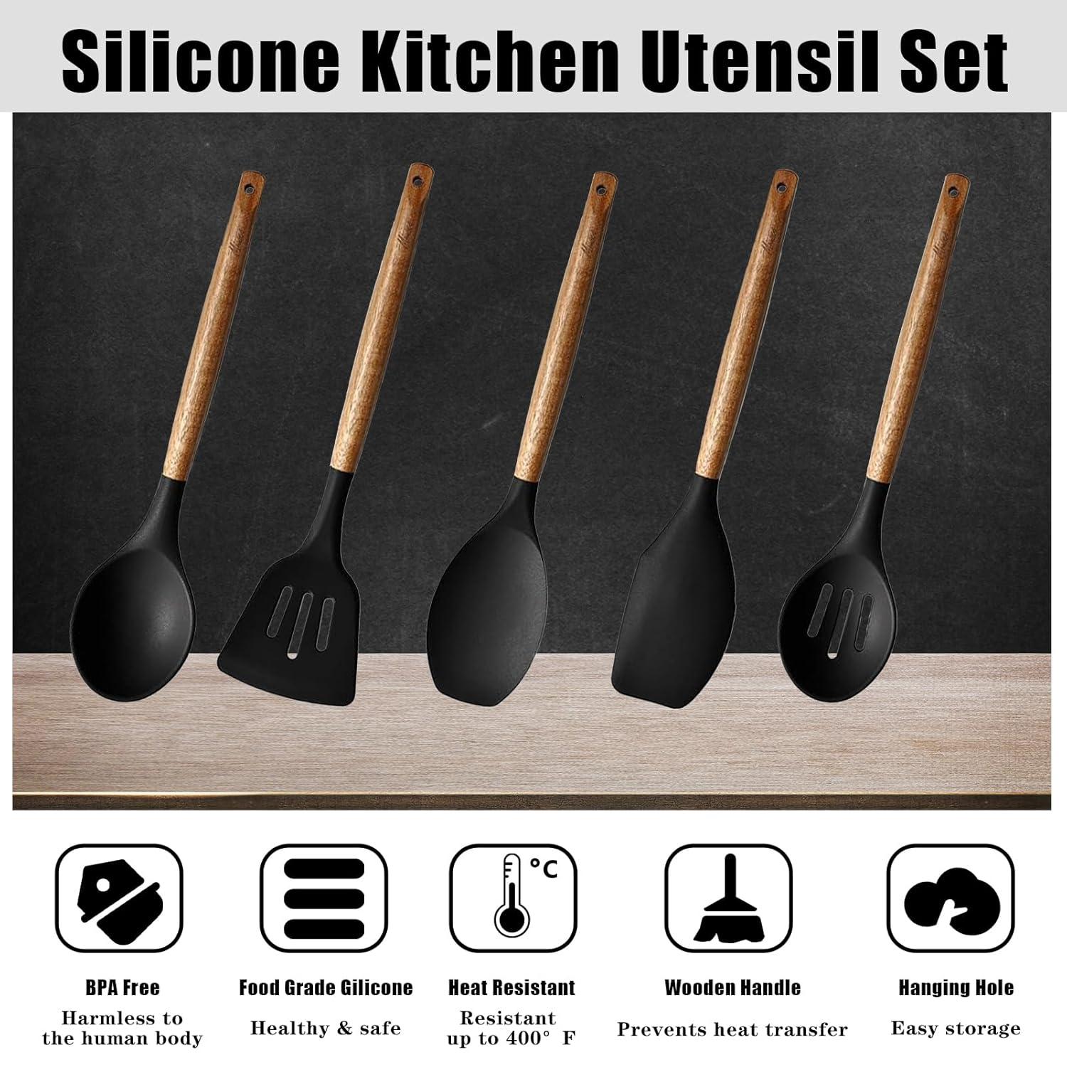 Kitchen Utensils Set, Silicone Cooking Utensils Set,Non-Stick Silicone Spatula Set with Natural Acacia Hard Wood Handle, 5 Piece, Upgraded Thickened Cookware