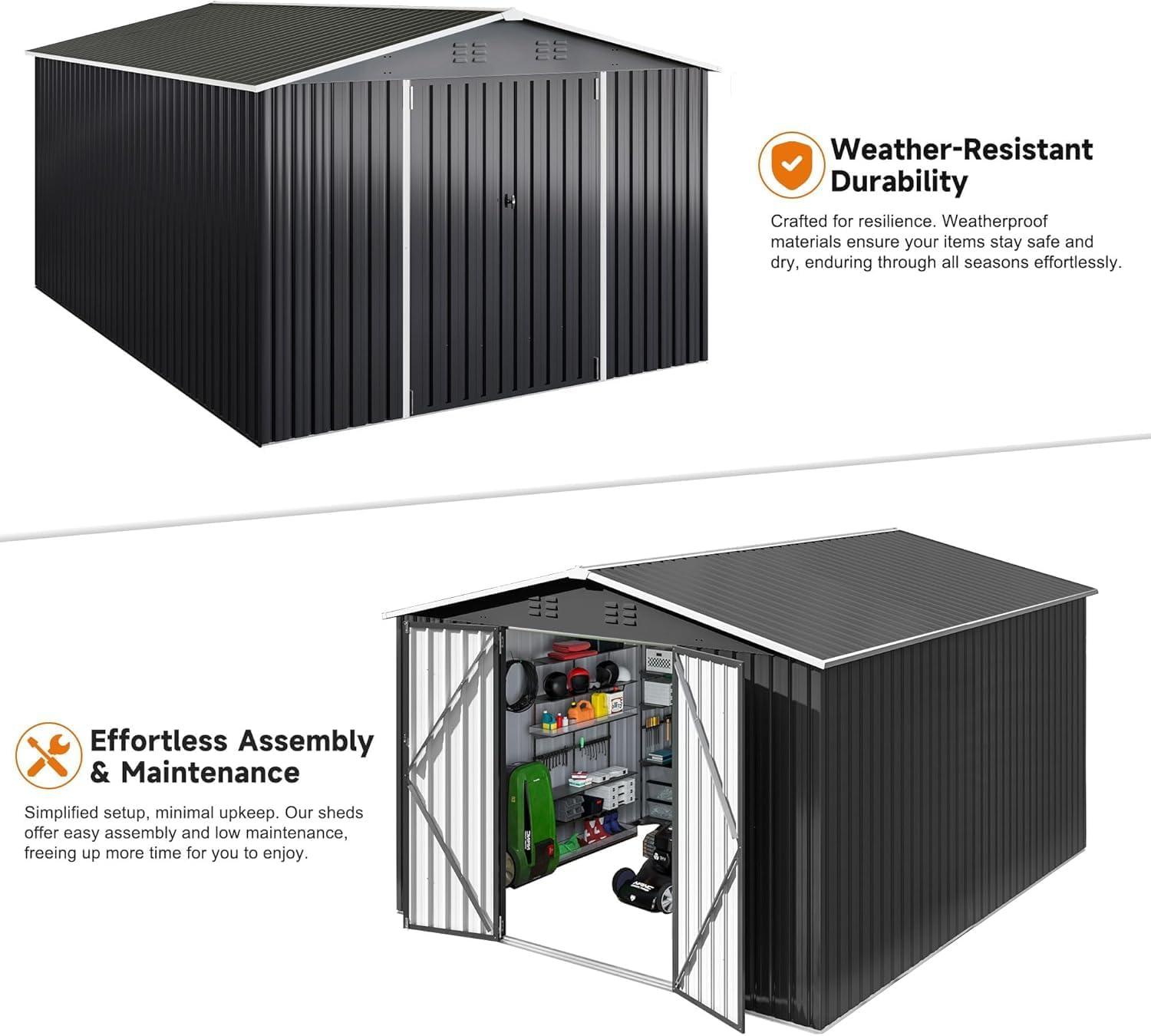 10 ft. W x 14 ft. D Outdoor Metal Shed Storage with Updated Frame Structure and Lockable Doors
