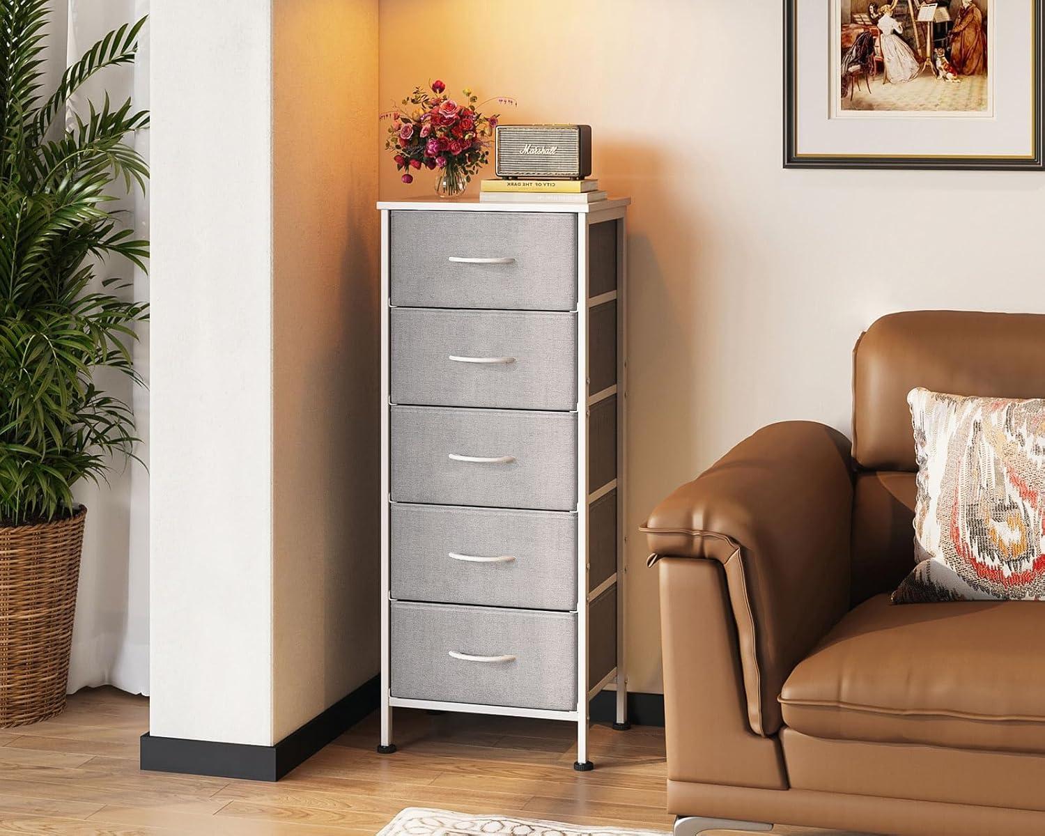 Gray Fabric 5-Drawer Tall Dresser with Steel Frame