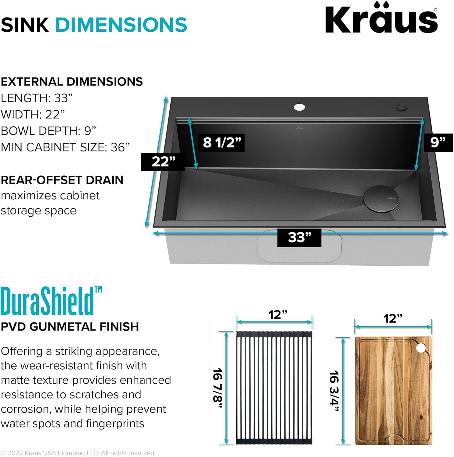 KRAUS Kore™ Workstation 33" L Top Mount Drop-In 16 Gauge Black Stainless Steel Single Bowl Kitchen Sink