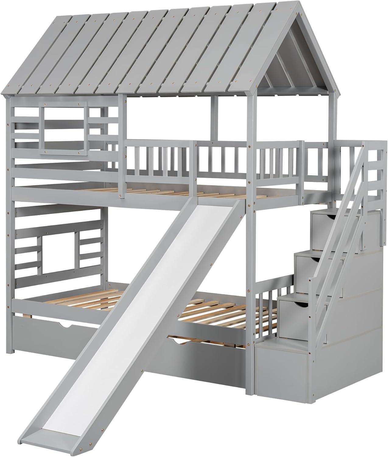 Harper Orchard Twin Over Twin House Bunk Bed With Trundle And Slide