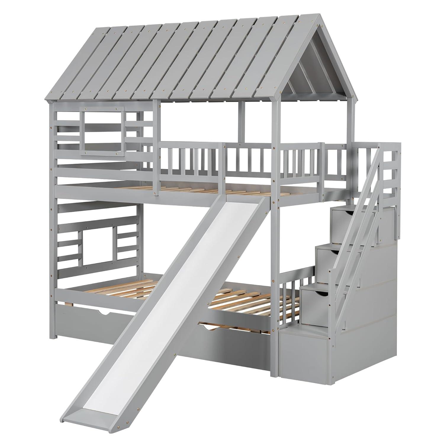 Harper Orchard Twin Over Twin House Bunk Bed With Trundle And Slide