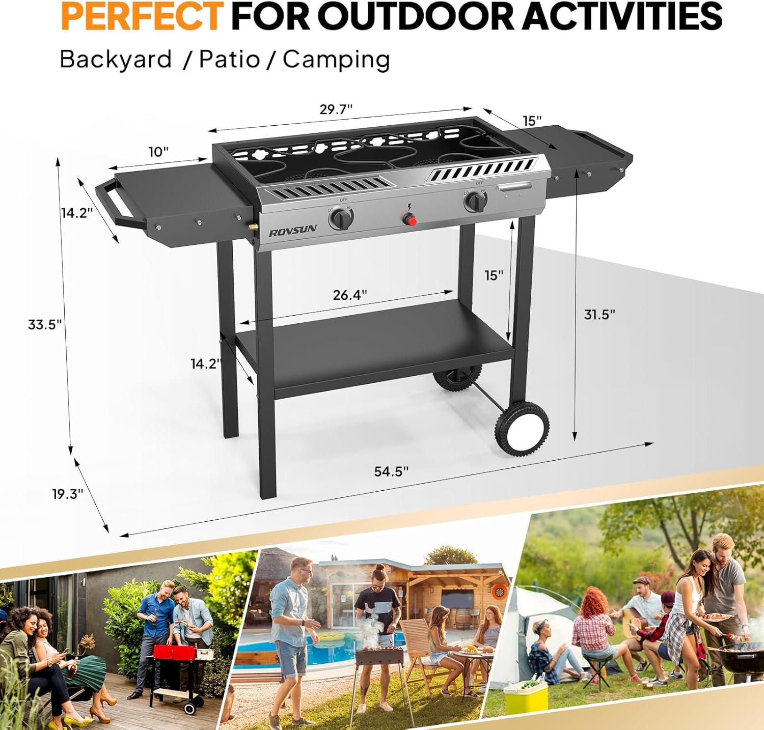 ROVSUN 2 Burner Outdoor Propane Gas Stove with Ignition, Regulator & Shelf, 150,000 BTU Powerful Cooker for Backyard Patio Cooking Home Canning Frying