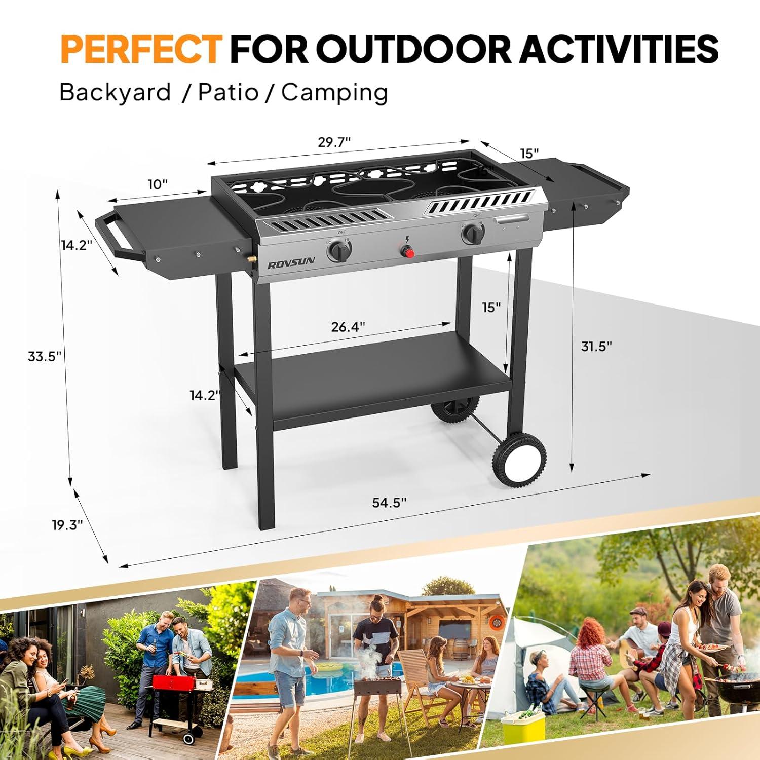 ROVSUN 2 Burner Outdoor Propane Gas Stove with Ignition, Regulator & Shelf, 150,000 BTU Powerful Cooker for Backyard Patio Cooking Home Canning Frying