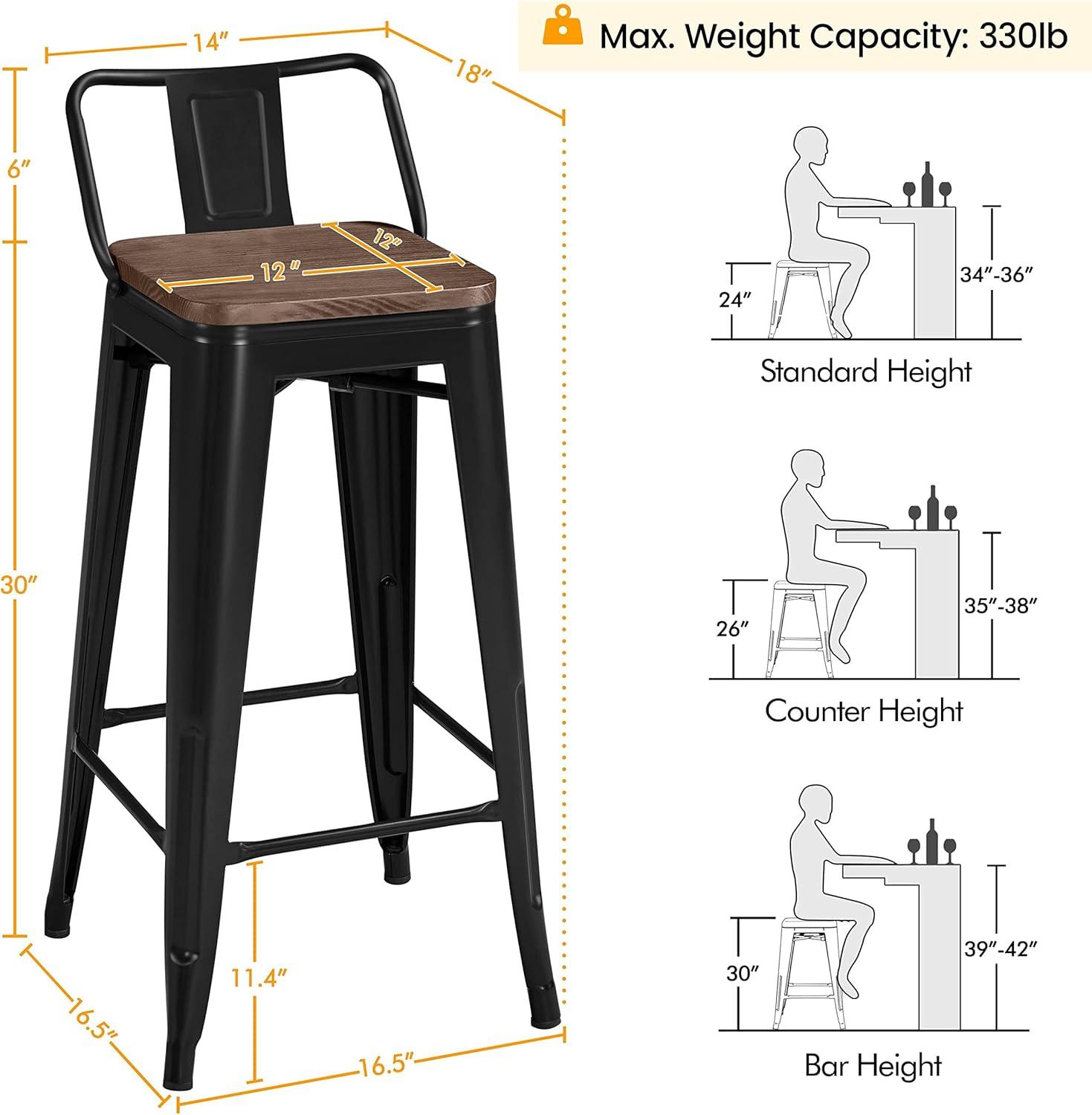 Killeryuki 24'' Metal Bar Stool 4PCS Low Back Conuter Stools for Indoor/Outdoor Barstools Metal Black Stools Bar Chairs w/Wooden Seat Metal Leg Industrial Counter Height Stools Black