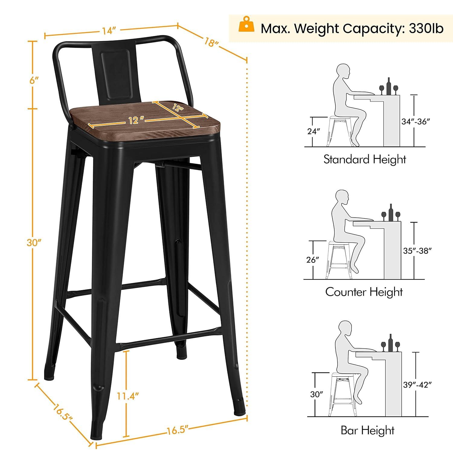 Killeryuki 24'' Metal Bar Stool 4PCS Low Back Conuter Stools for Indoor/Outdoor Barstools Metal Black Stools Bar Chairs w/Wooden Seat Metal Leg Industrial Counter Height Stools Black