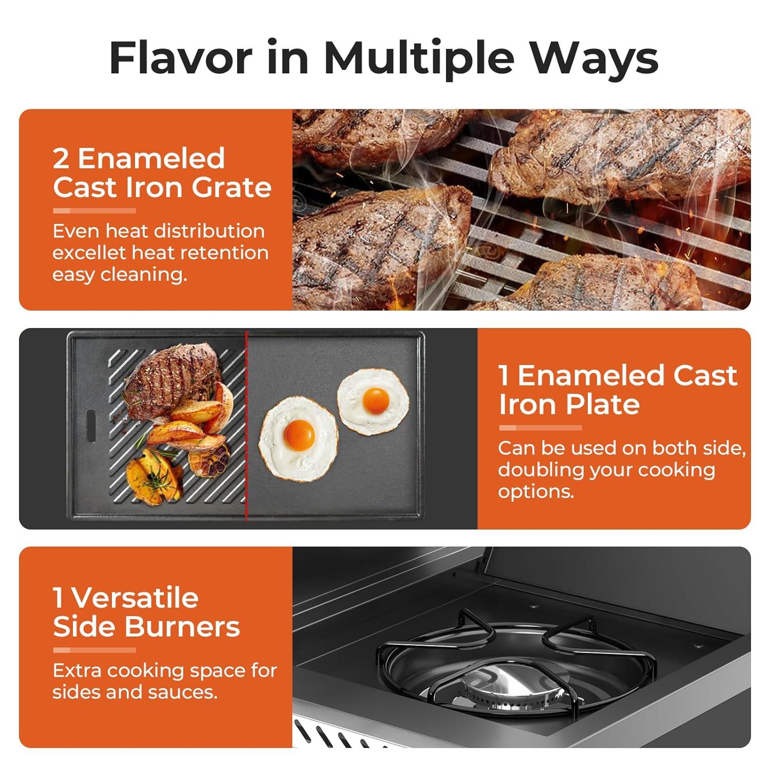 R.W.FLAME 4-Burner Propane Gas BBQ Grill with Side Burner & Cast iron grill net and baking pan, 42,000 BTU Stainless Steel Cabinet Style Propane Grill
