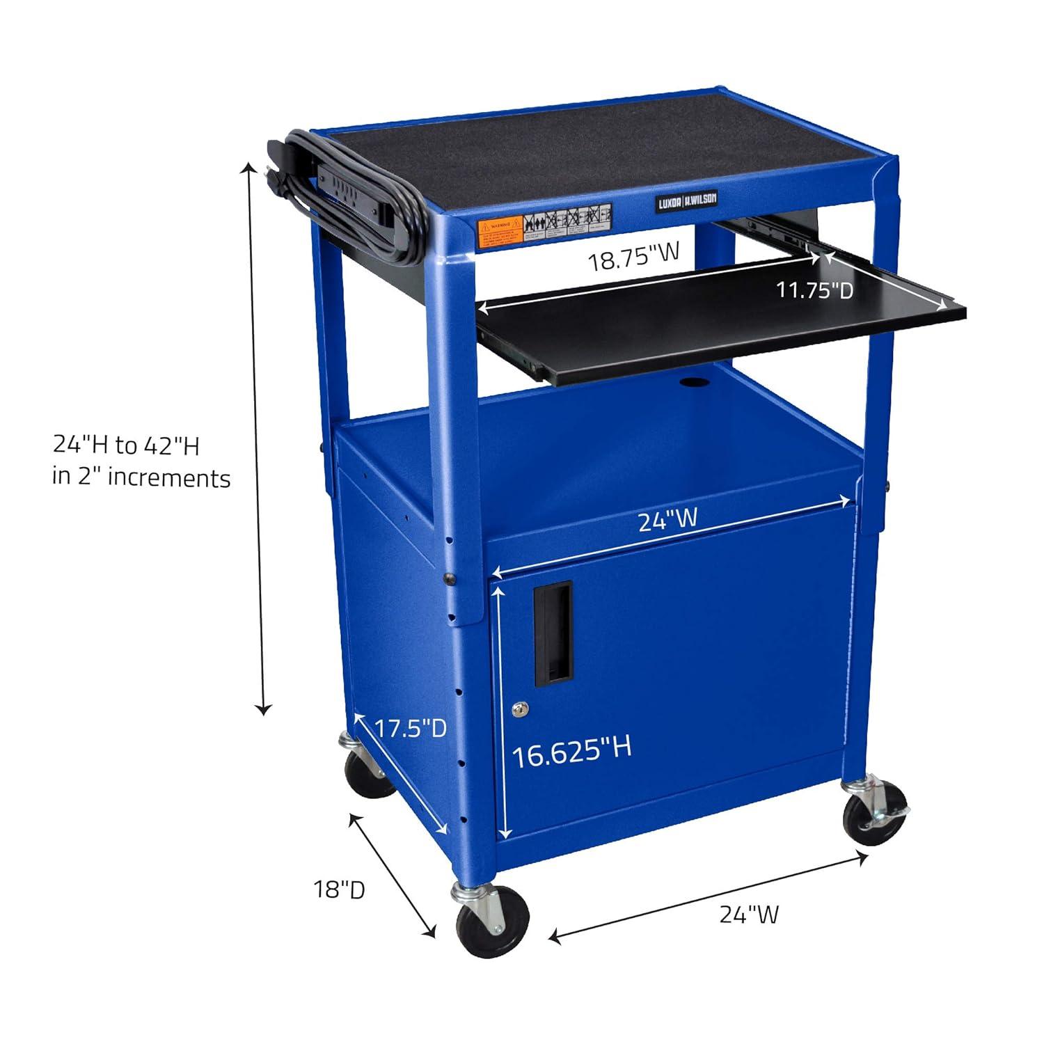 Adjustable Height Blue Metal A/V Cart With Pullout Keyboard Tray And Cabinet