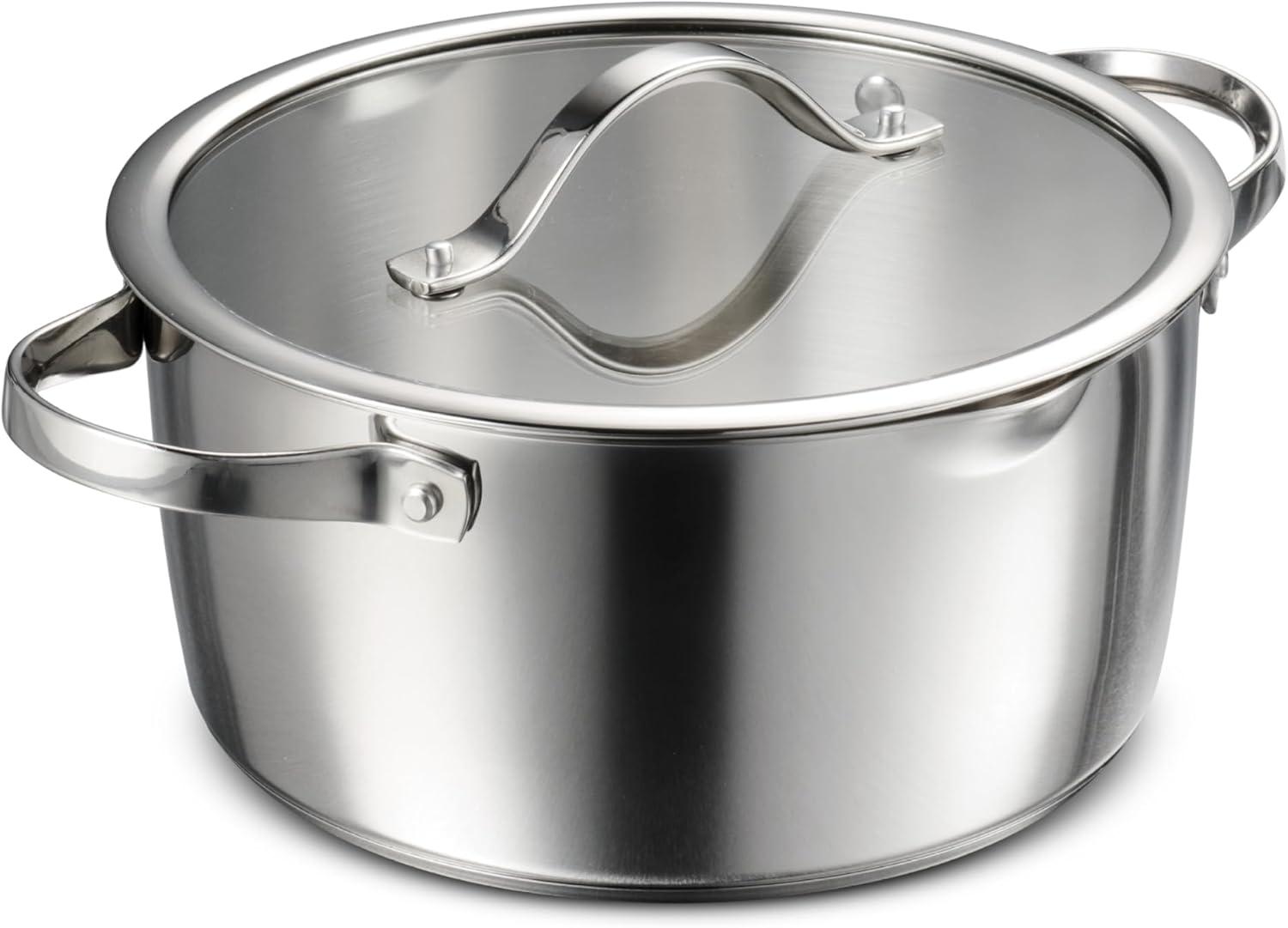Tramontina Tempo Tri-Ply Base Stainless Steel 5-Quart Dutch Oven Pot with Glass Lid, Induction-Ready, Oven-Safe, Dishwasher-Safe