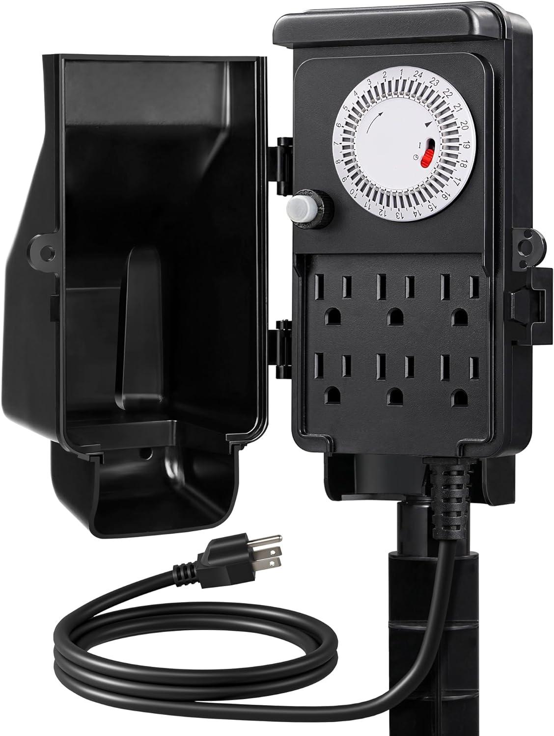 DEWENWILS Mechanical Outdoor Power Stake Timers for 6 Outlets, 6FT Extension Cords, Garden Power Strip Stake Timers for for Holiday/Christmas Decor, Lights, 24 Hour Multi Socket Timer,1800W/15A