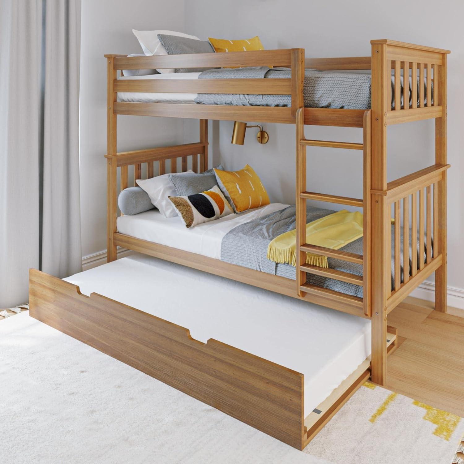 Max & Lily Solid Wood Twin over Twin Bunk Bed with Storage Trundle for Kids, Pecan