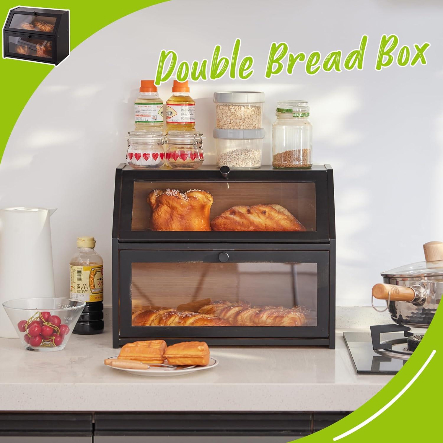 Black Bread Box For Kitchen Counter, Large Bread Storage Container, Double Layer Bamboo Wooden Large Capacity Bread Storage Bin