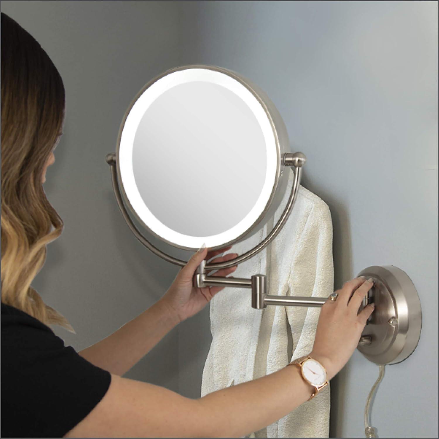 Satin Nickel 14" Dual-Sided 5X/1X Magnifying Wall Mirror with Adjustable Brightness