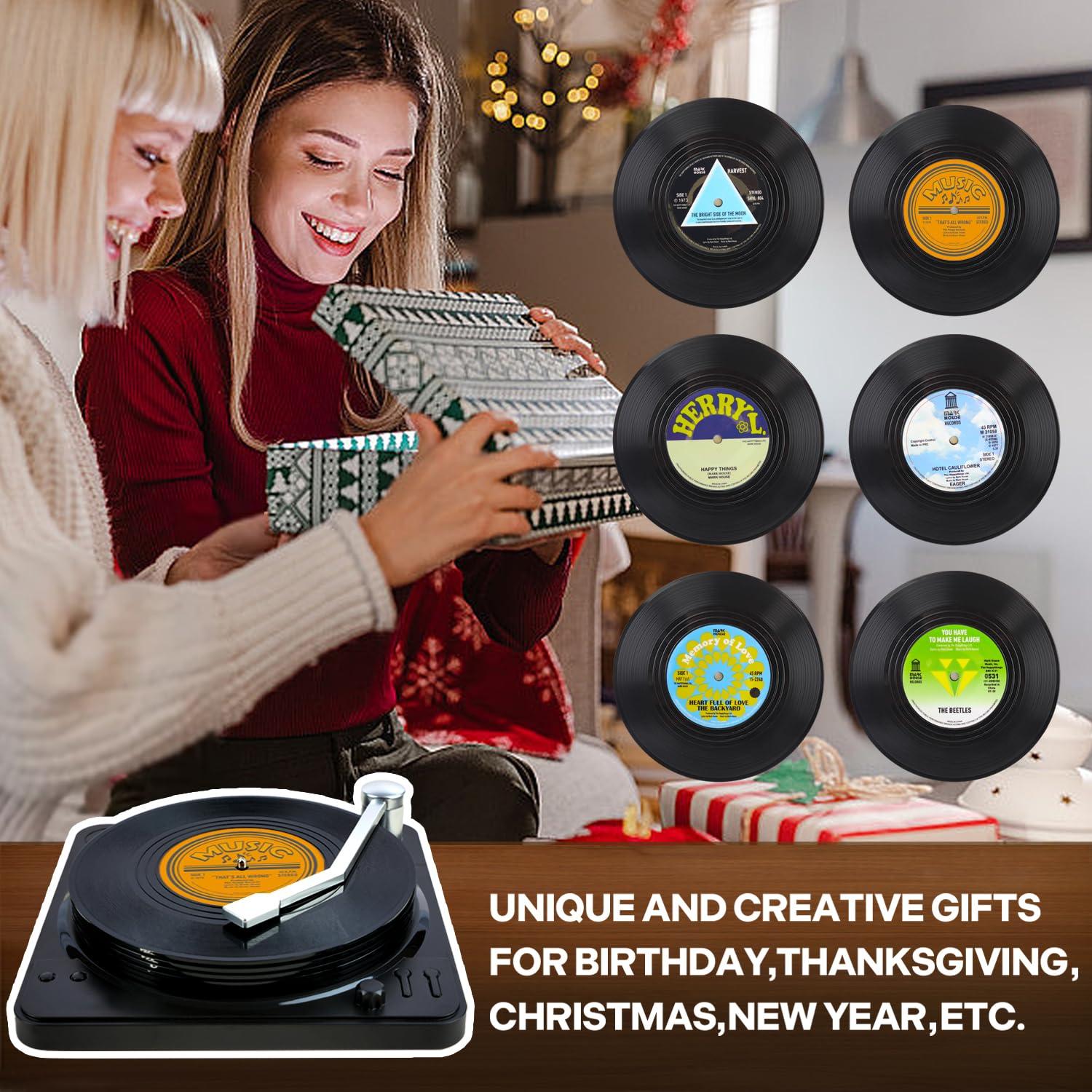 Funny Retro Record Coasters for Drinks with Vinyl Player Holder for Music Lovers,Set of 6 Conversation Piece Sayings Drink Coaster,Housewarming Hostess Wedding Registry Gift Ideas