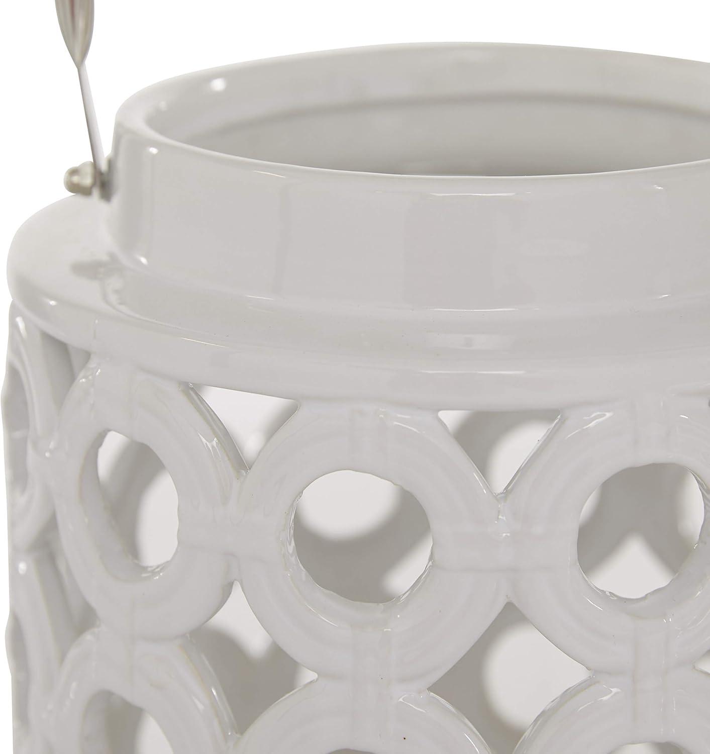 DecMode White Ceramic Circles Decorative Candle Lantern with Cut Out Design