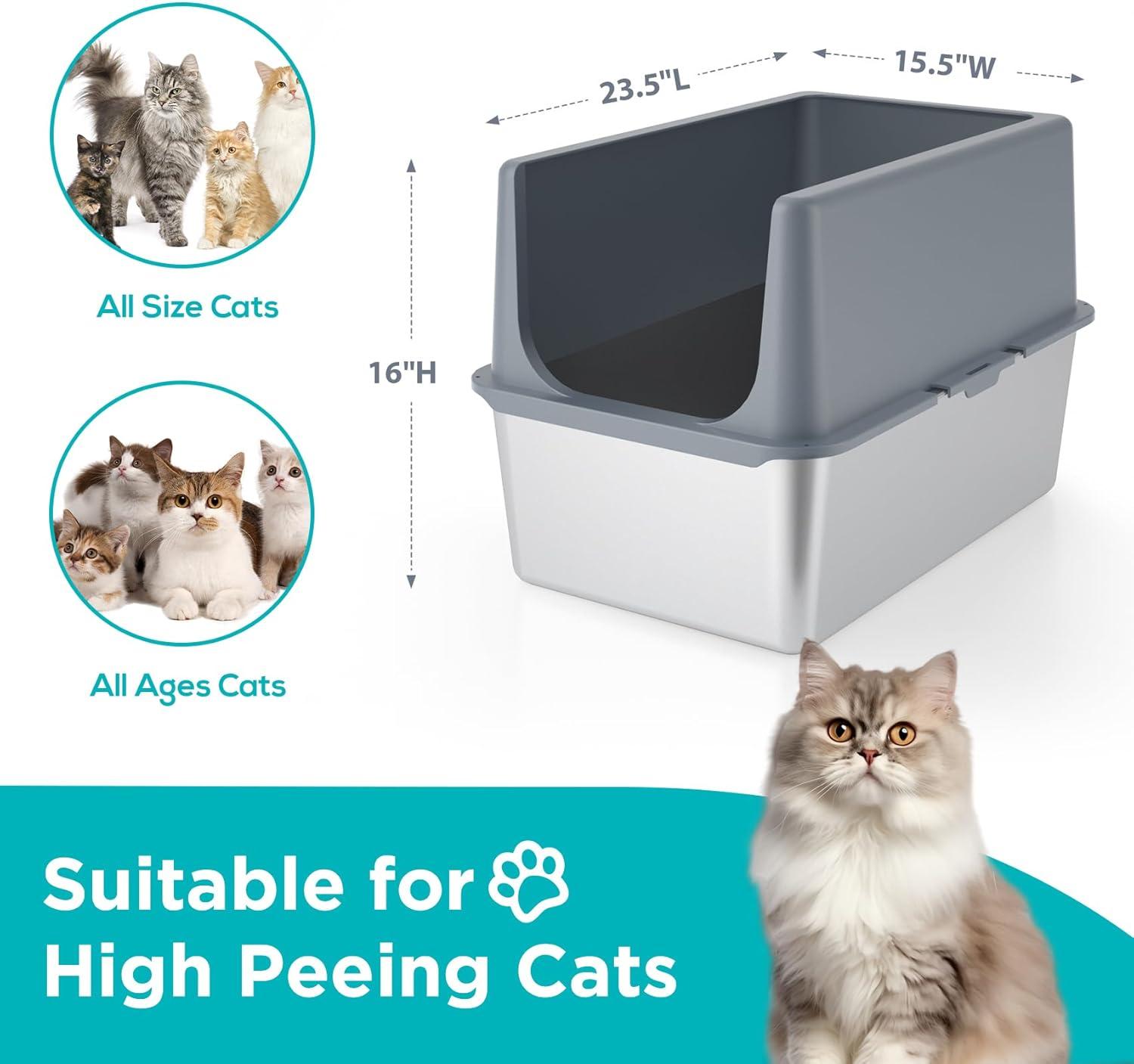 Enclosed Stainless Steel Cat Litter Box with Lid Extra Large Litter Box for Big Cats XL Metal Litter Pan Tray with High Wall Sides Enclosure, Non-Sticky, Anti-Leakage, Easy Cleaning