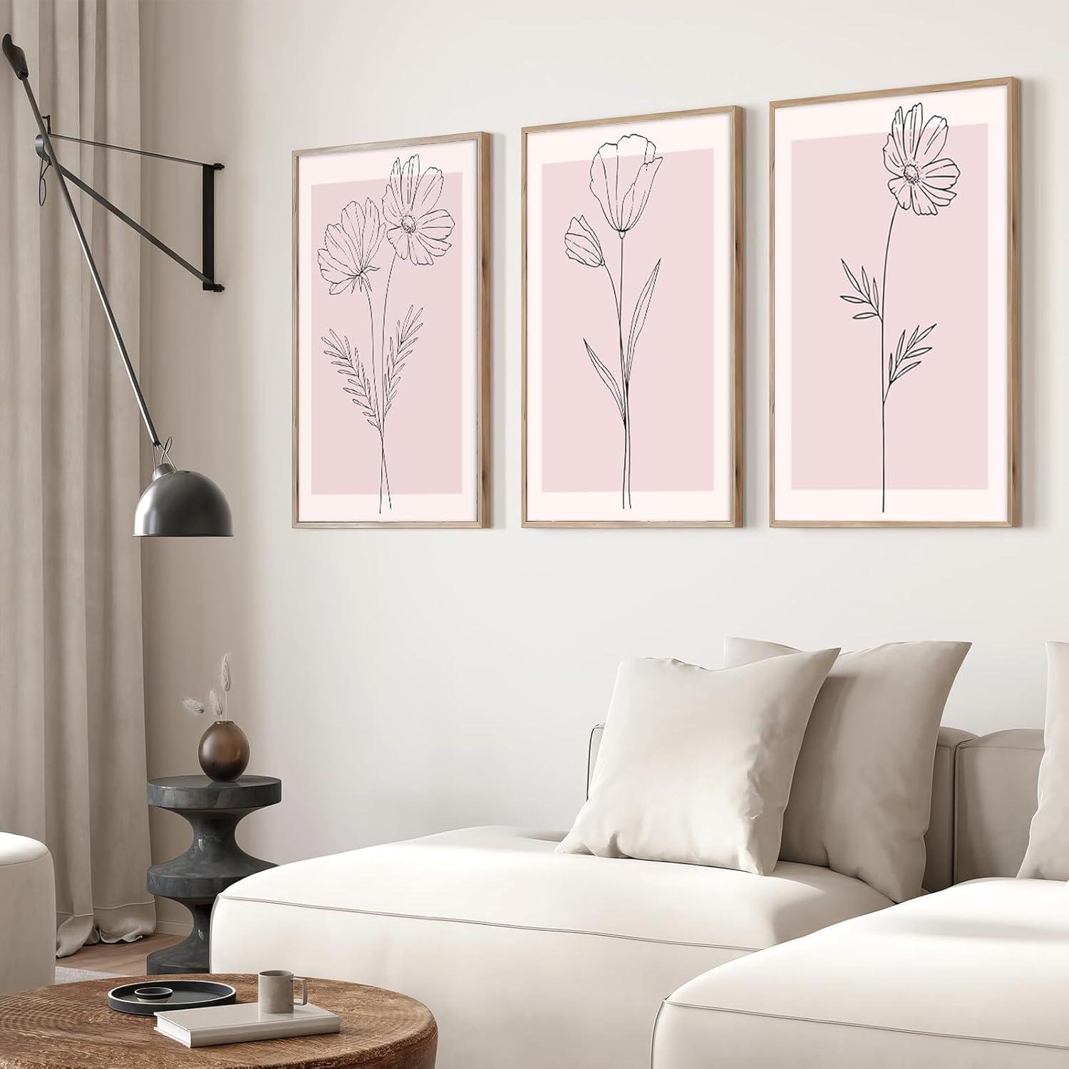 Lark Manor™ 3 Pieces Minimalism Botanical Canvas Wall Art Pink Flowers Line Plants Pictures Wall Decor Posters Print Artwork For Room Living Room Bedroom Bathroom Office Home Decoration