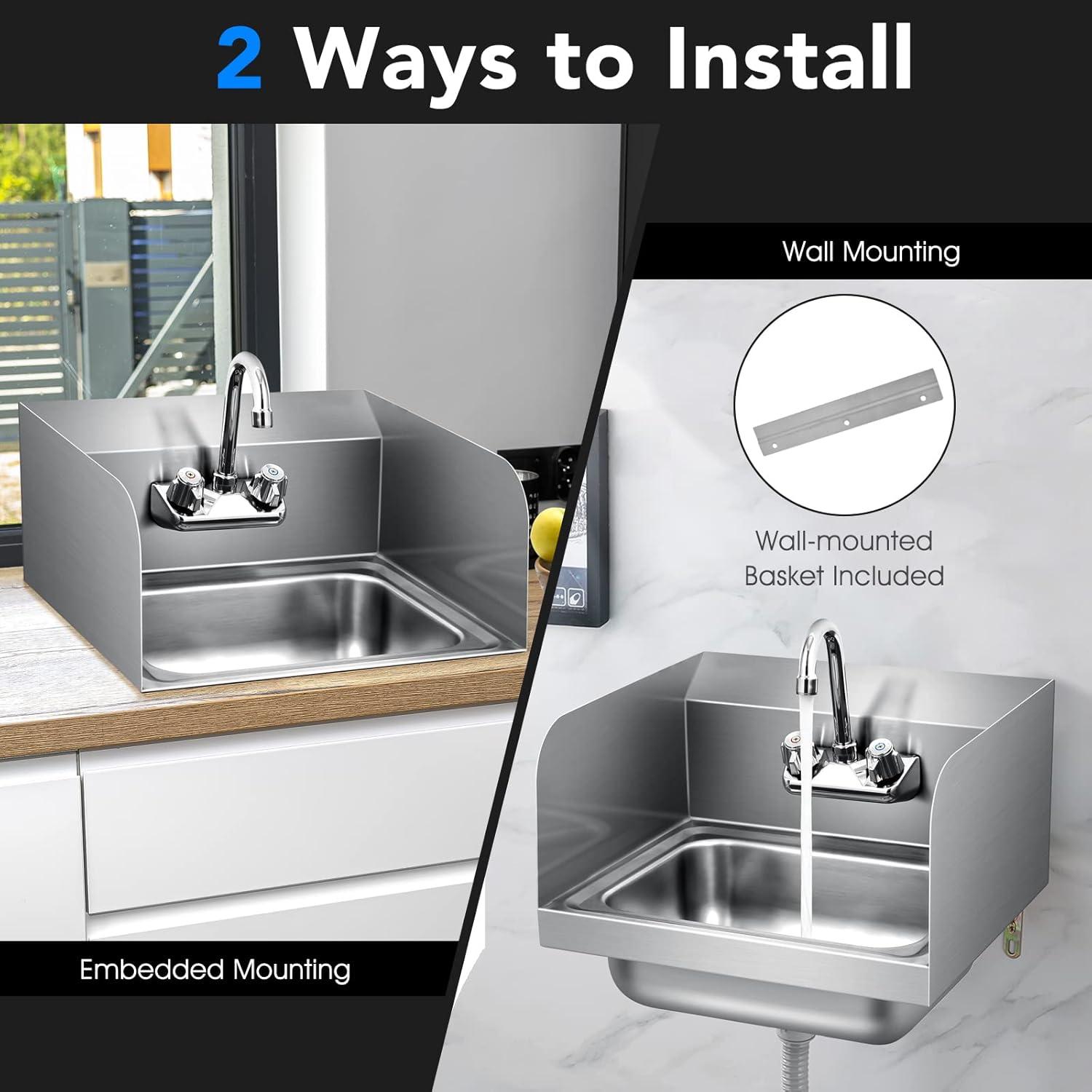 Tangkula Stainless Steel Sink NSF Wall Mount Hand Washing Sink with Faucet & Side Splash