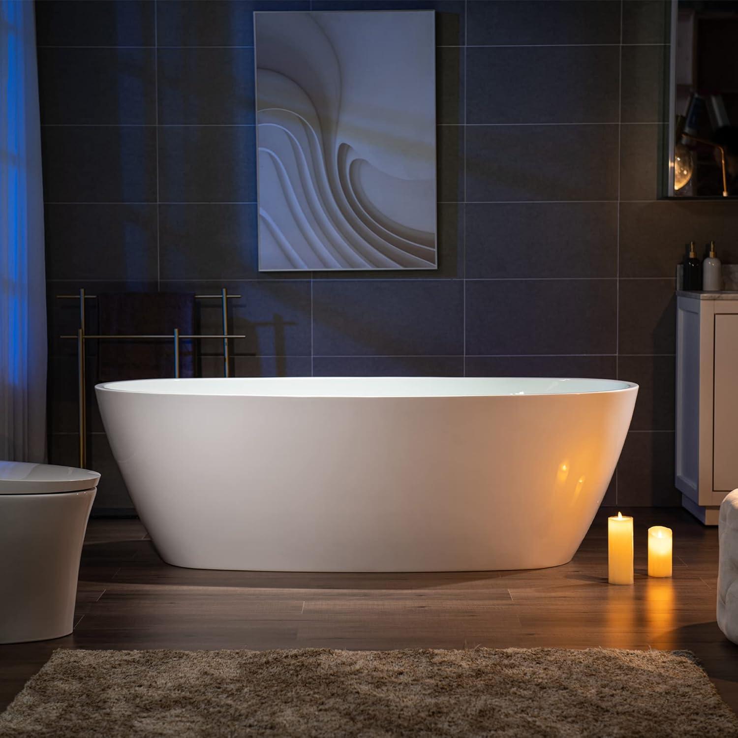 WOODBRIDGE 71" Acrylic Freestanding Bathtub Contemporary Soaking Tub, White Acrylic,Brushed Gold Drain/Overflow