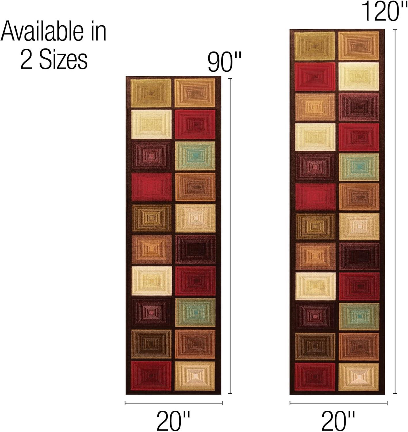 Collections Etc Optic Squares Runner Rug in Deep, Rich Hues - Skid-Resistant Backing Perfect for Hallway, 20" X 90"