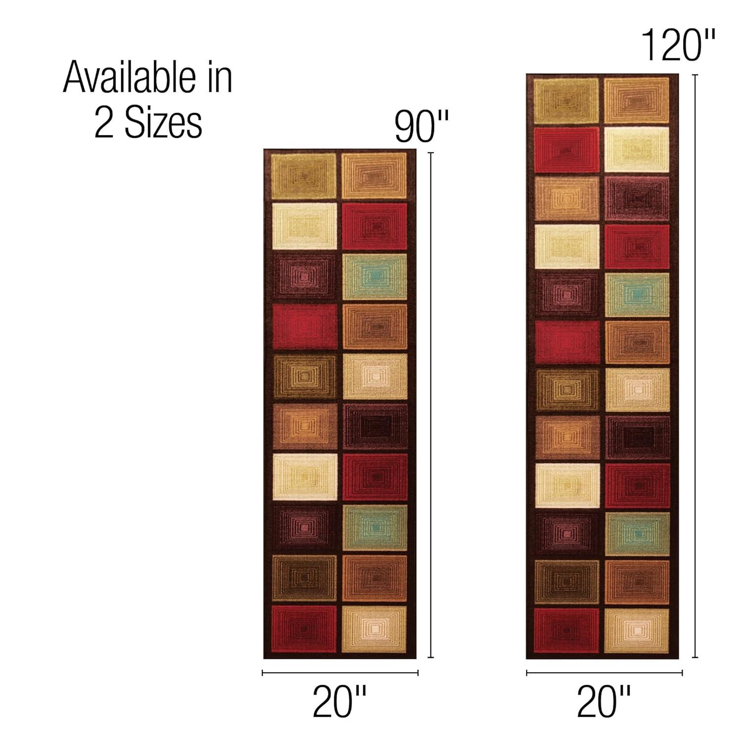 Collections Etc Optic Squares Runner Rug in Deep, Rich Hues - Skid-Resistant Backing Perfect for Hallway, 20" X 90"