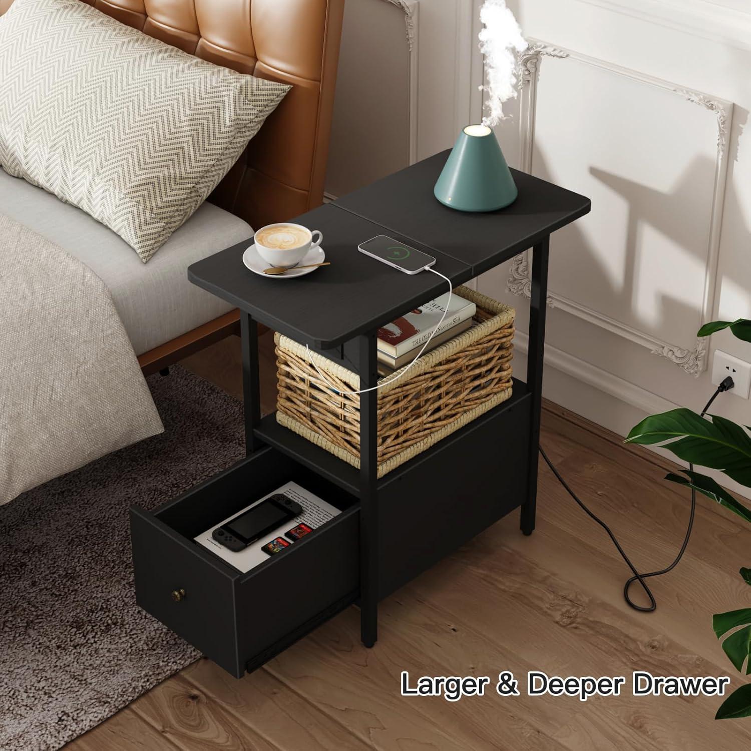 End Table with Charging Station, Narrow Side Table with Drawer and USB Ports & Power Outlets, Nightstand Bedside Tables for Small Spaces, Bedroom, Living Room, Black