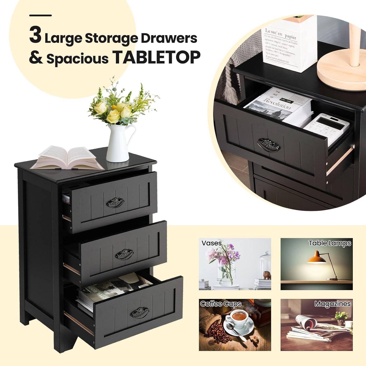 Gymax End Table Nightstand Bedroom Storage w/ 3 Drawers & Wood Slide White