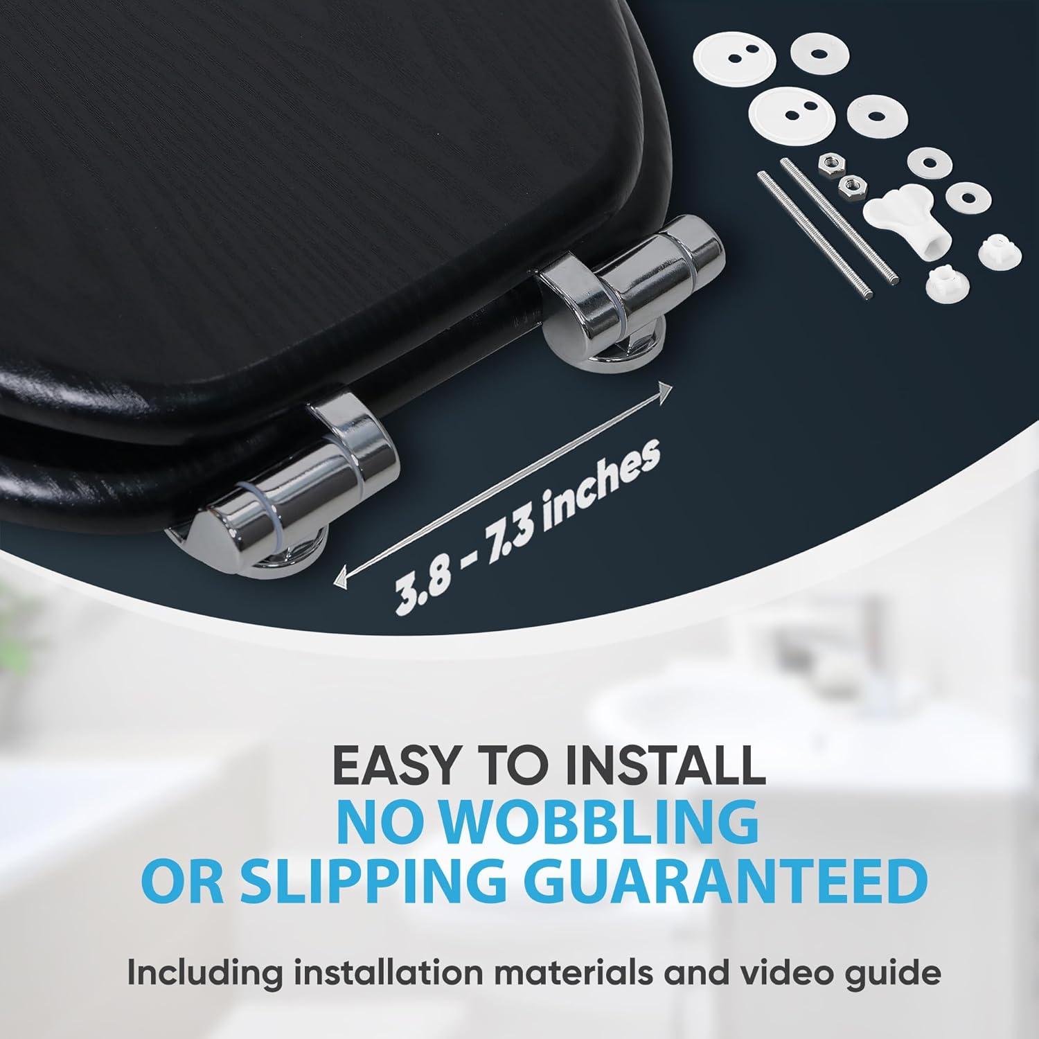 Sanilo Soft Close Toilet Seat ROUND, Quiet and Slow Close Lid and Seat, Strong Bumpers and Hinges, Black Wood