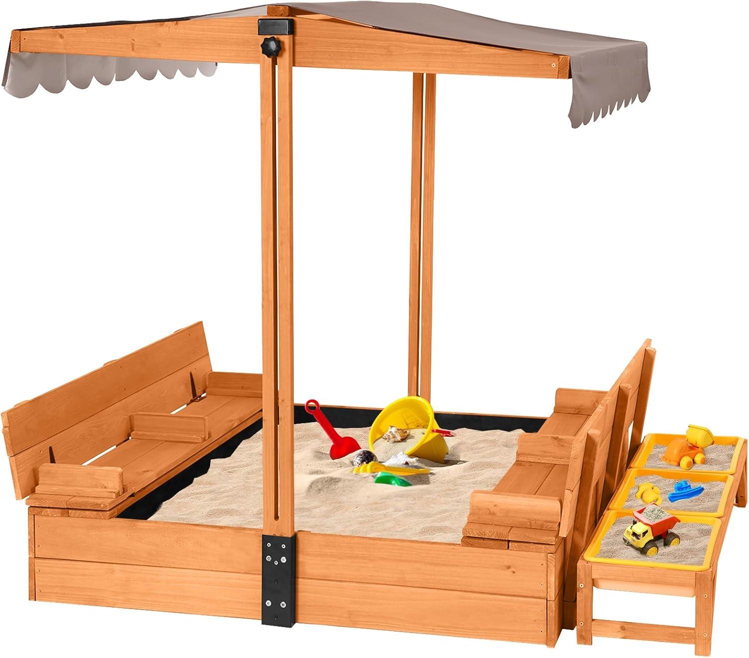 Large Wooden Sandbox with Adjustable Canopy and Toy Bin Storage