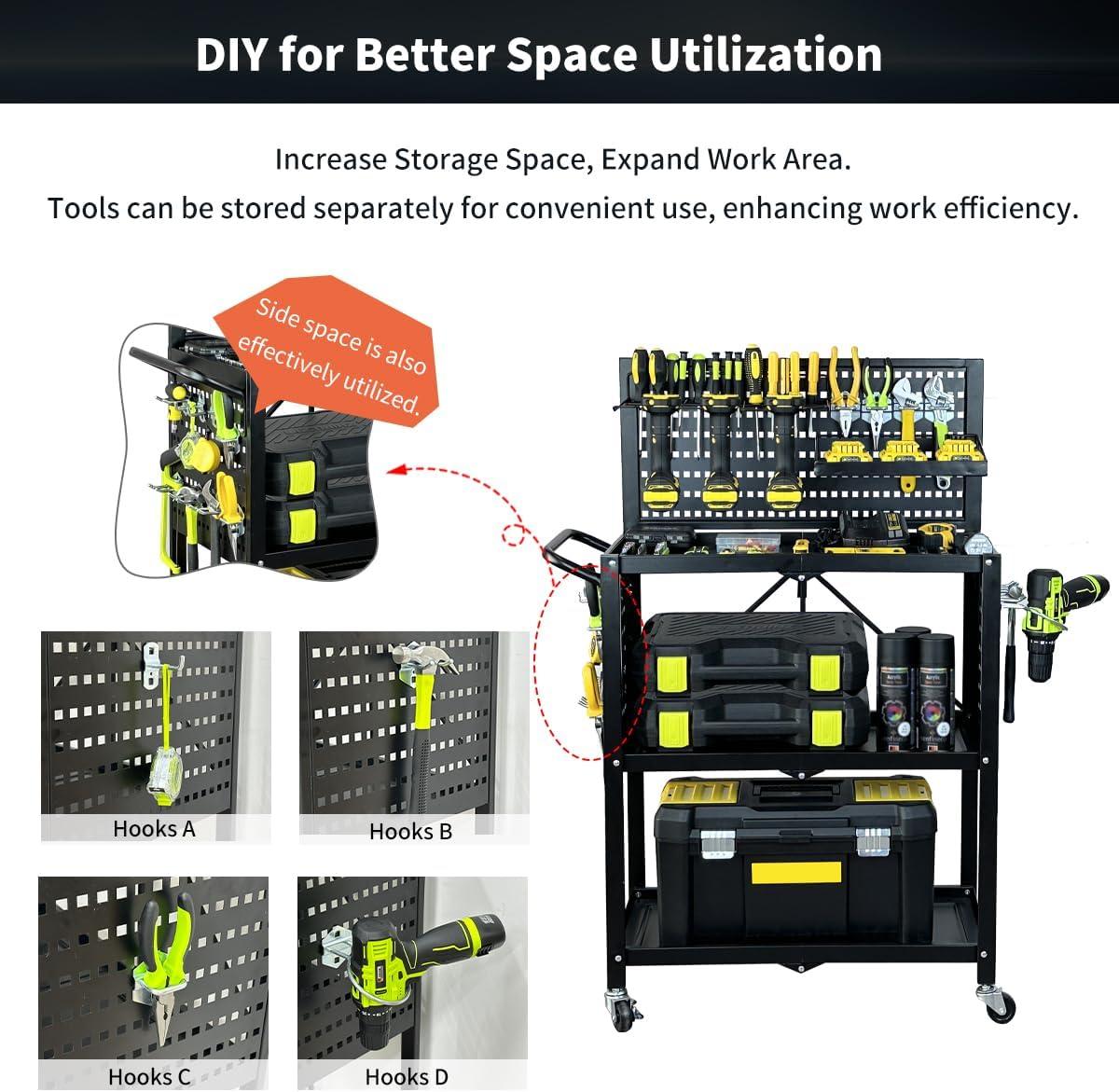 Lumizone 3-Tier Foldable Rolling Tool Cart with Wheels, Utility Cart with Pegboard and Hooks for Garage Organizer and Tool Storage, Power Tool Storage Cart on Wheels (Tool Cart+Hooks)