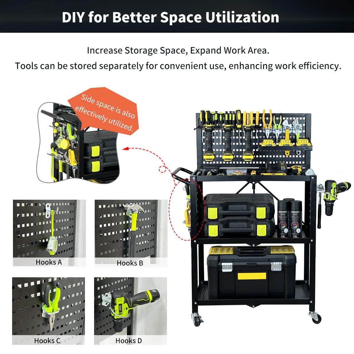 Lumizone 3-Tier Foldable Rolling Tool Cart with Wheels, Utility Cart with Pegboard and Hooks for Garage Organizer and Tool Storage, Power Tool Storage Cart on Wheels (Tool Cart+Hooks)