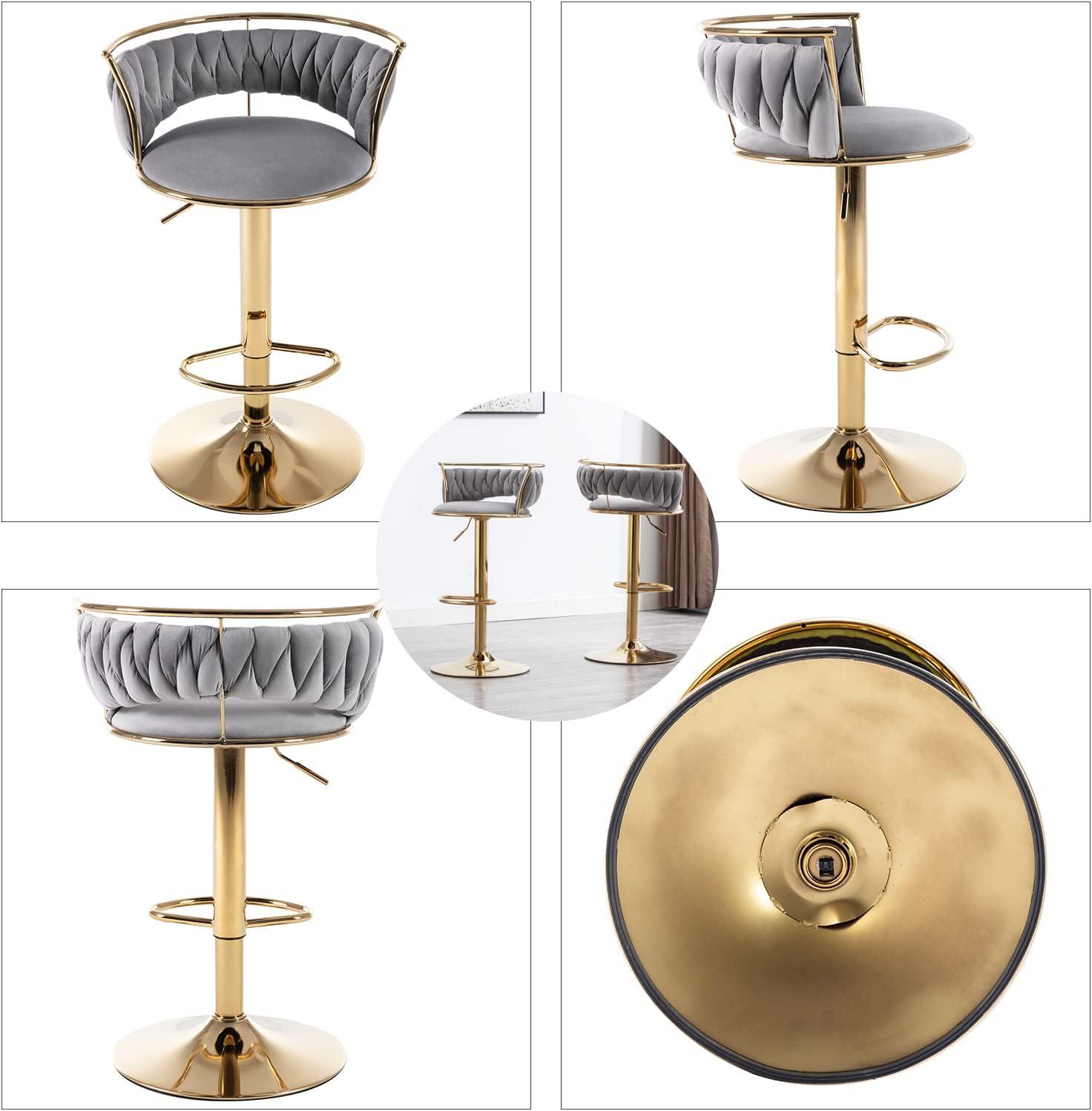 Velvet Bar Stools Set of 2, Counter Height Bar Stools with Low Back, Gold Swivel Barstools for Kitchen Island, Bar Pub (Grey)