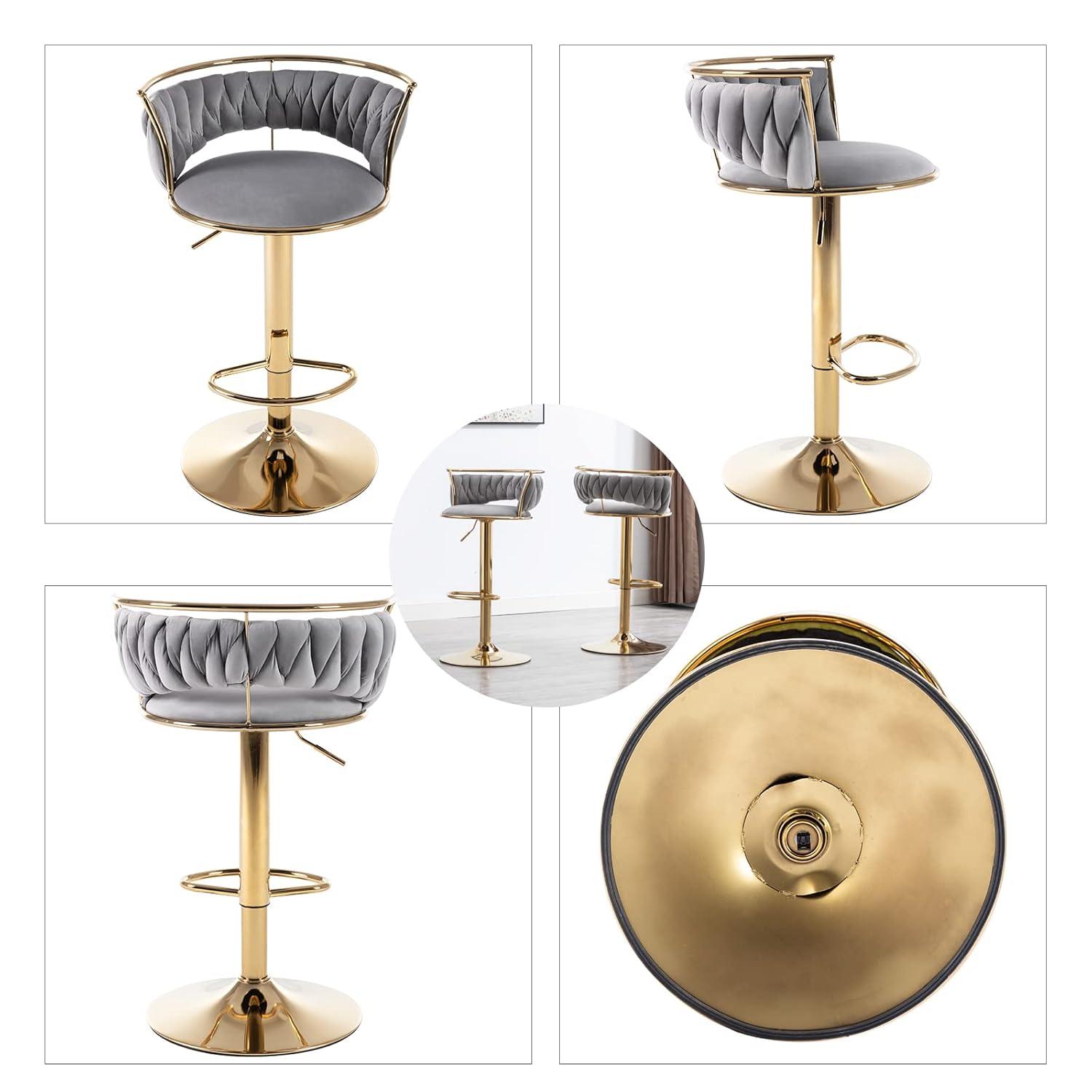 Velvet Bar Stools Set of 2, Counter Height Bar Stools with Low Back, Gold Swivel Barstools for Kitchen Island, Bar Pub (Grey)