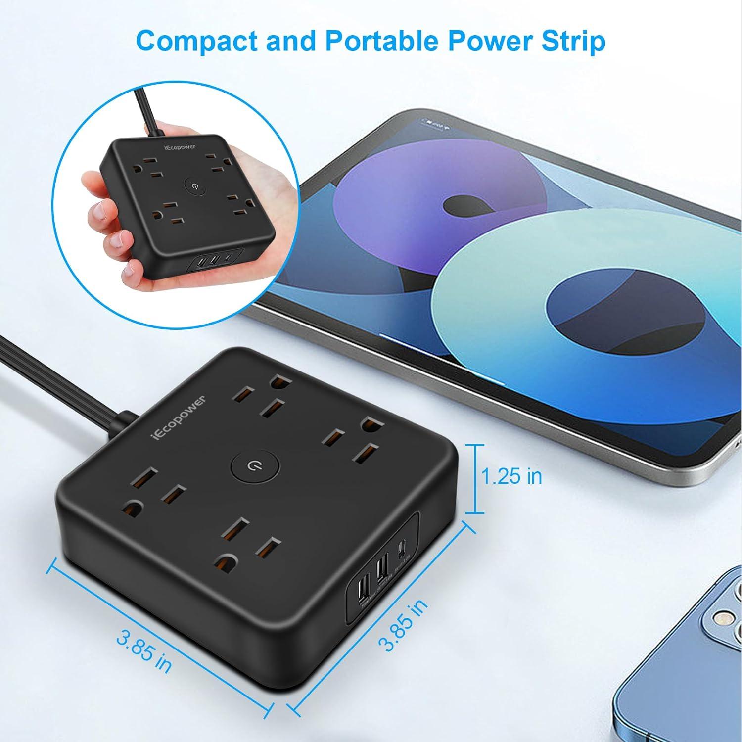 Black 4-Outlet Power Strip with USB-A and USB-C Ports