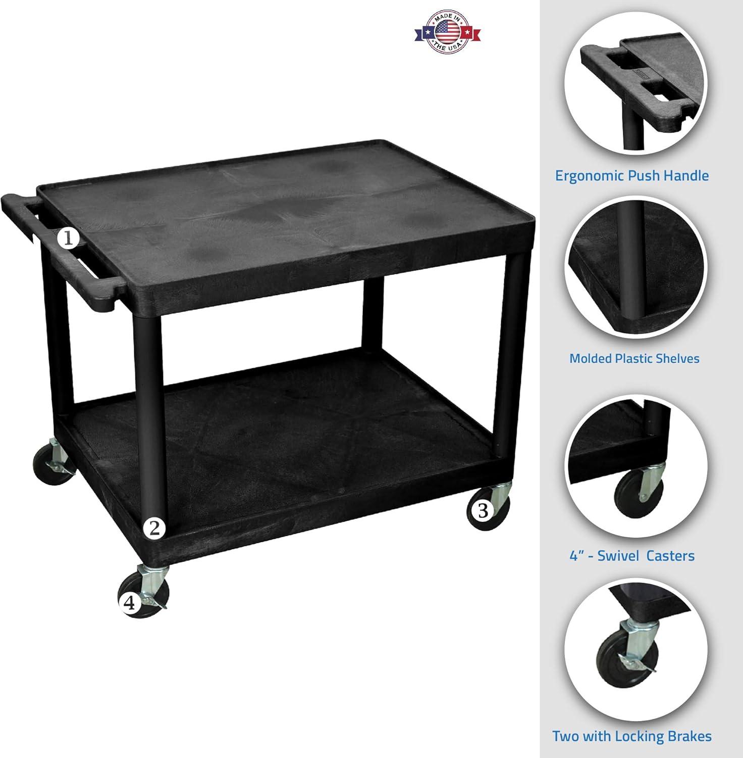 Luxor Mobile Multipurpose AV Presentation Cart 2 Plastic Open Shelves With Casters Black