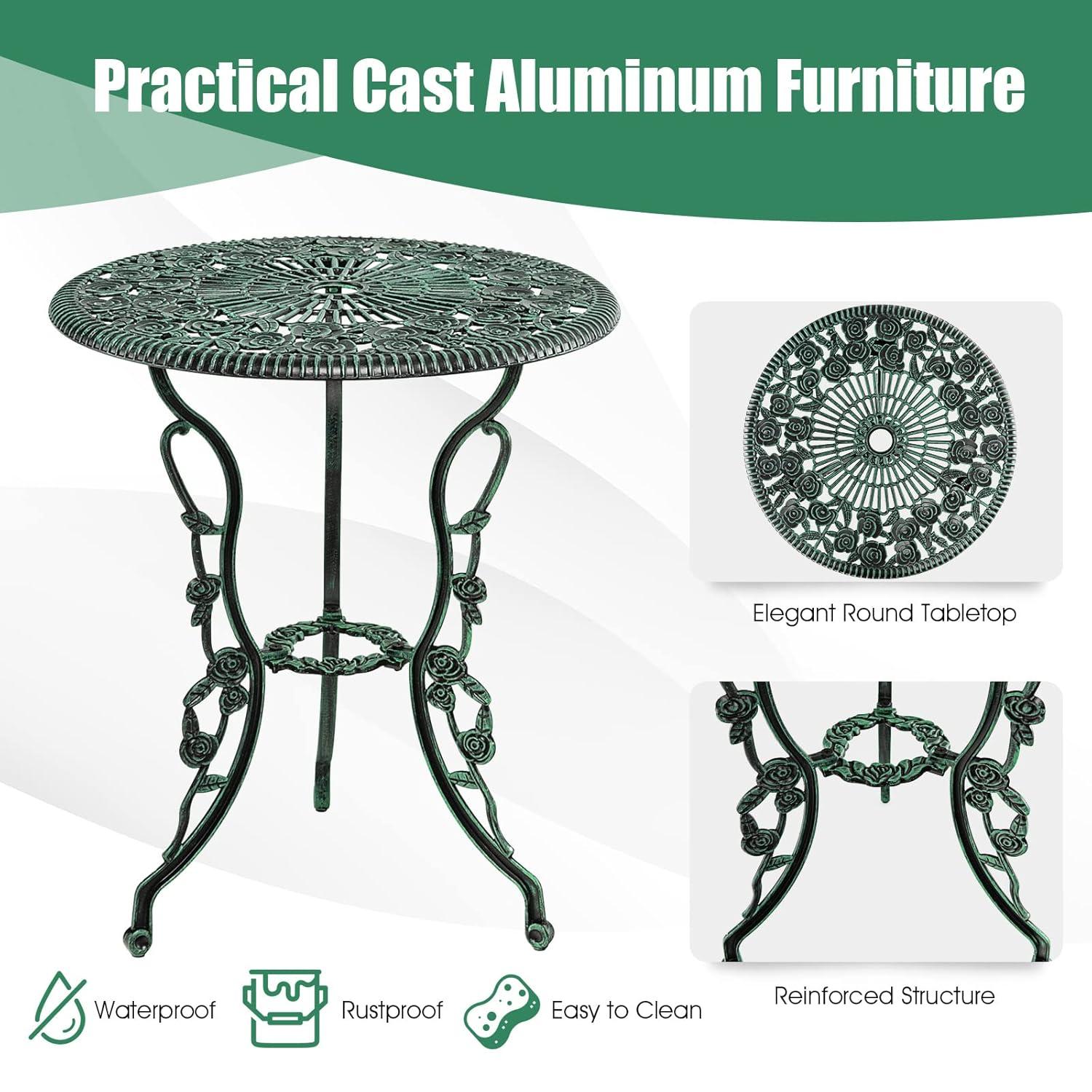 HAPPYGRILL 3-Piece Outdoor Bistro Set Rust-Resistant Cast Aluminum Table and Chairs with Elegant Rose Pattern, Outdoor Furniture Set with 1.9” Umbrella Hole for Balcony Backyard Garden Deck