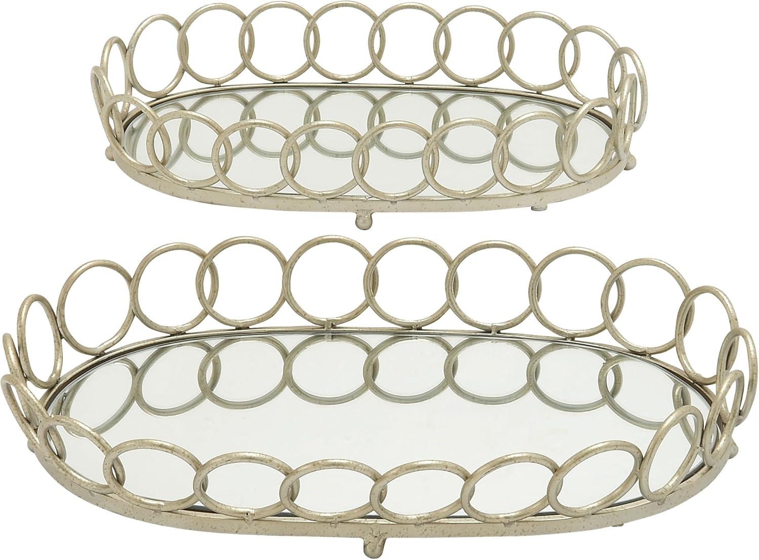 Elegant Silver Mirrored Oval Tray Set, 22" & 18"W with Geometric Pattern