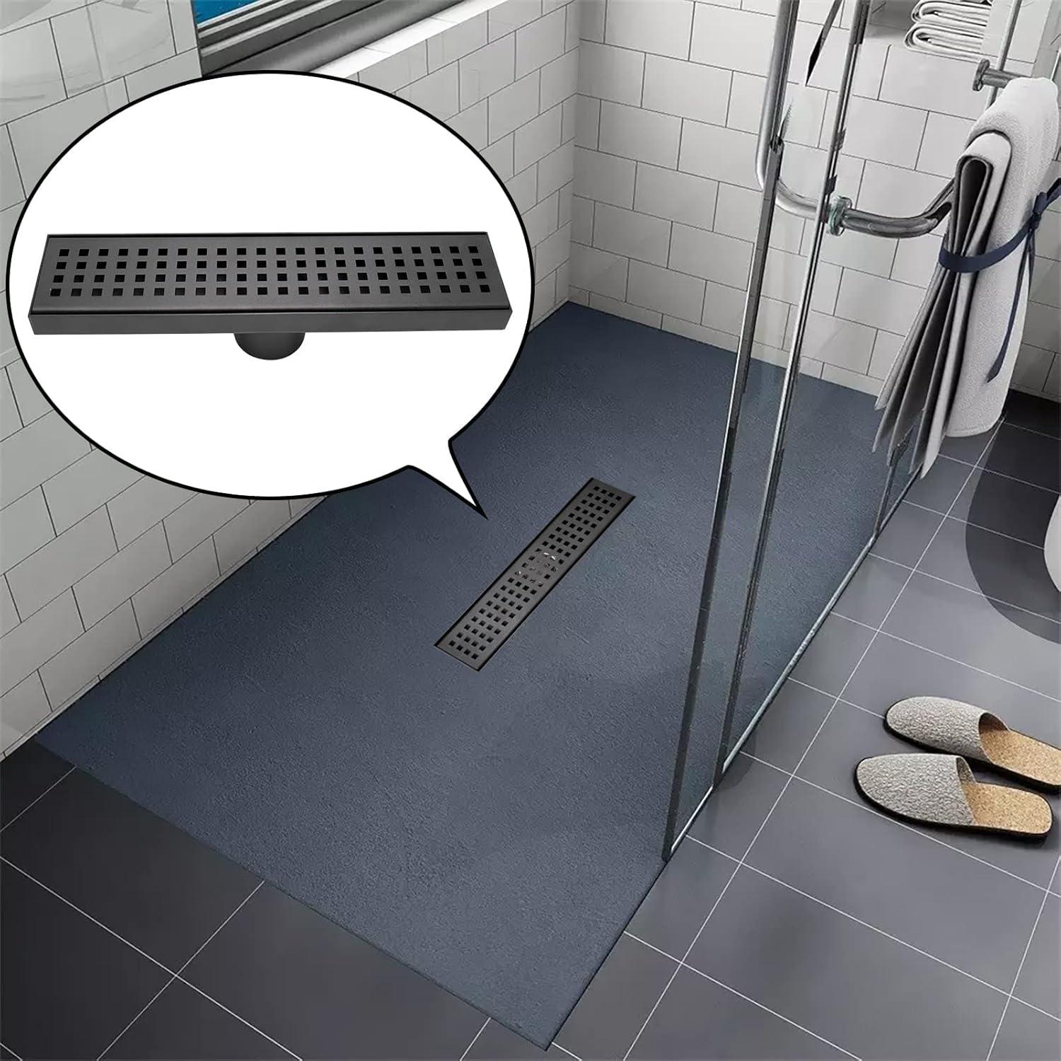 Black Shower Drain, Linear Shower Drain 12 Inch with Square Hole Panel, Matte Black Linear Drain with Hair Strainer and Leveling Feet