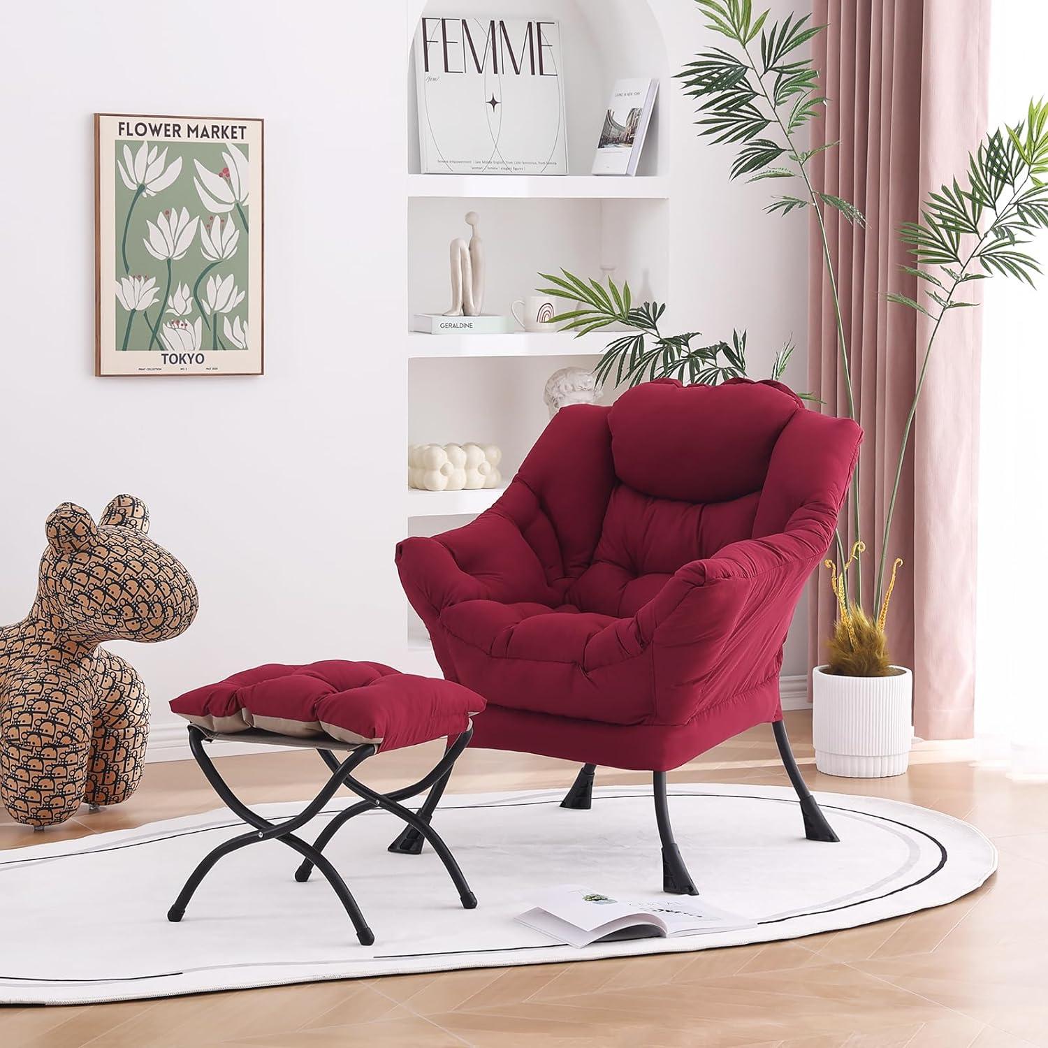 Burgundy Velvet Accent Chair with Ottoman and Metal Frame