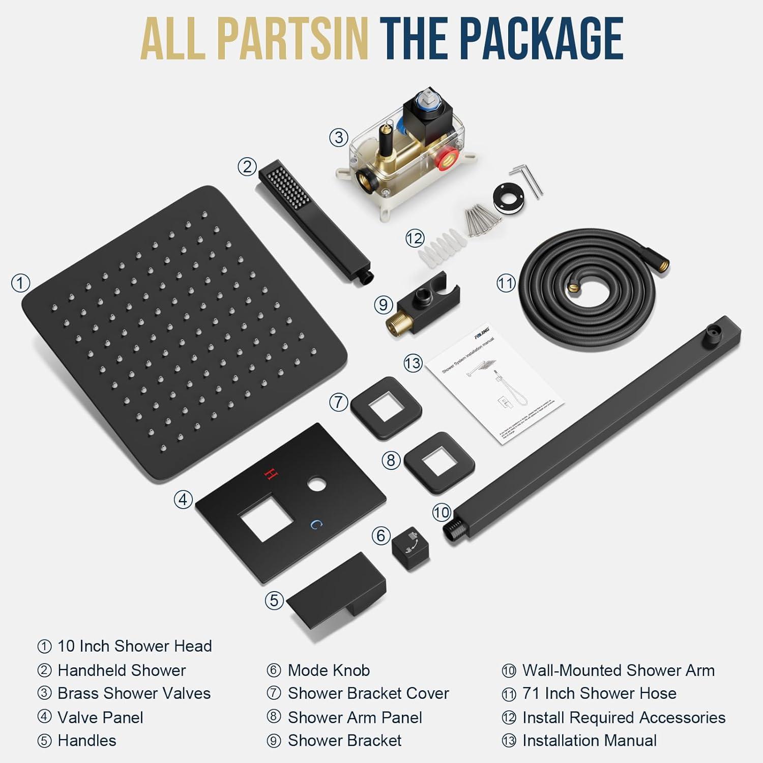 Black Shower Faucet Set, Rainfall Shower System with Square Shower Head and Handle Set, Wall Mounted Shower Fixtures, Full Metal Trim Repair Kit 10 inch Matte Black (With Shower Valve)