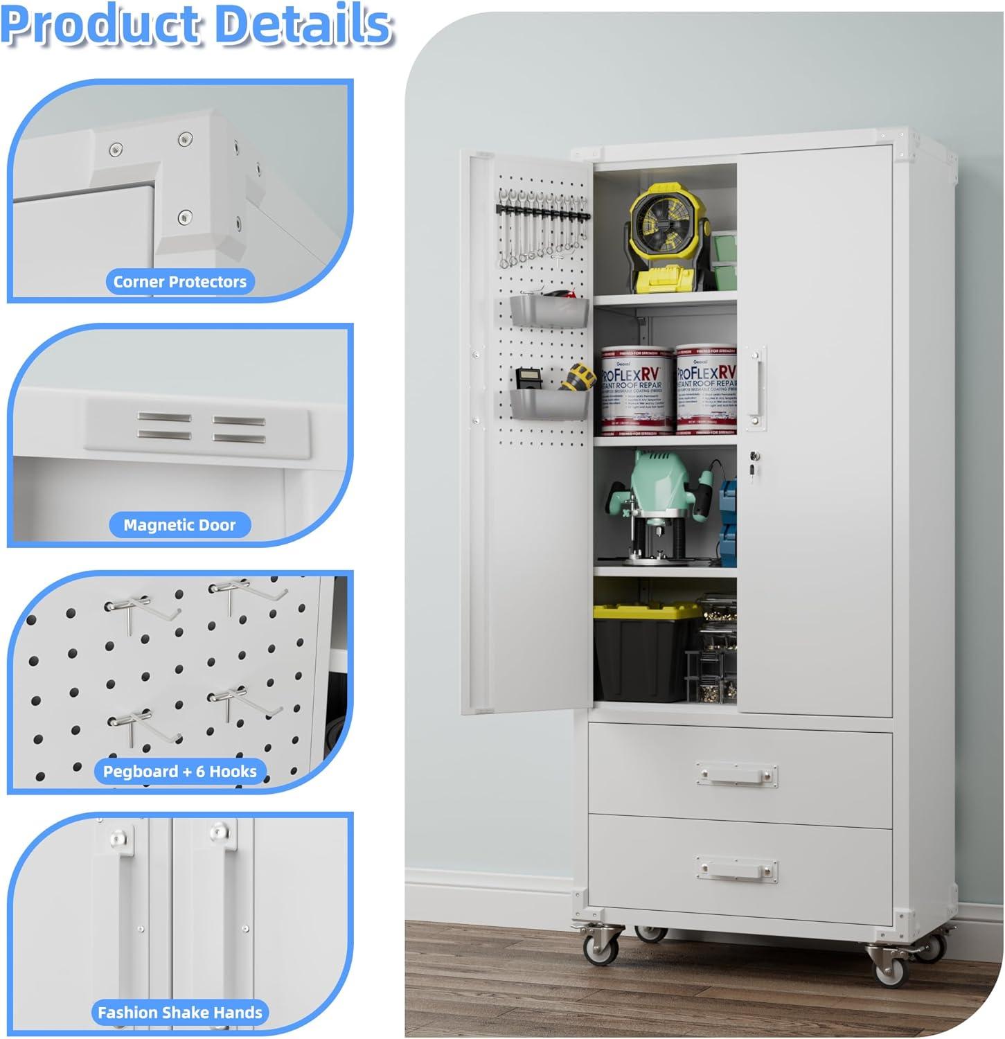 AOBABO 72 Inch Locking Metal Garage Home Office Storage Cabinet with Universal Rubber Wheels/Lockable Casters and Magnetic Doors, White