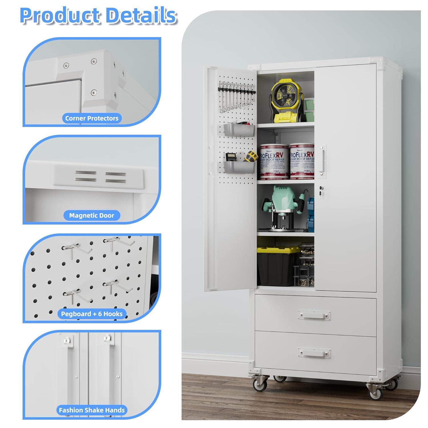 AOBABO 72 Inch Locking Metal Garage Home Office Storage Cabinet with Universal Rubber Wheels/Lockable Casters and Magnetic Doors, White