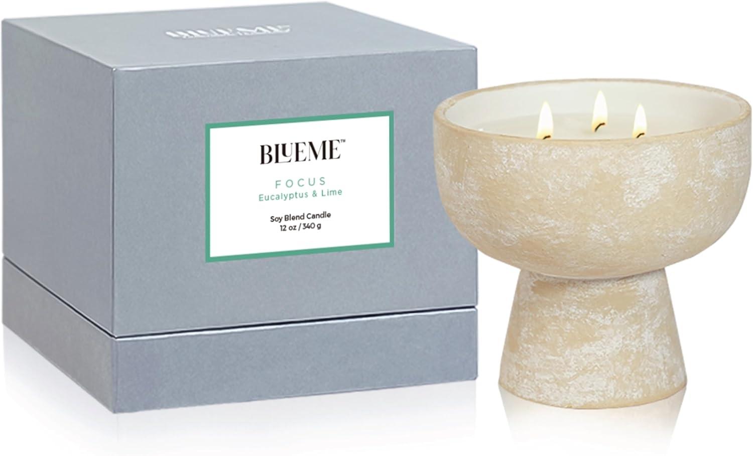 BLUEME Focus-Eucalyptus & Lime, 3 Wick, Refillable Wellness Candle, Contains Essential Oil, Sustainable, Hand Finished, Hand Poured, Premium, Luxury Ceramic, Natural Cotton Wick, Soy-Wax Blend