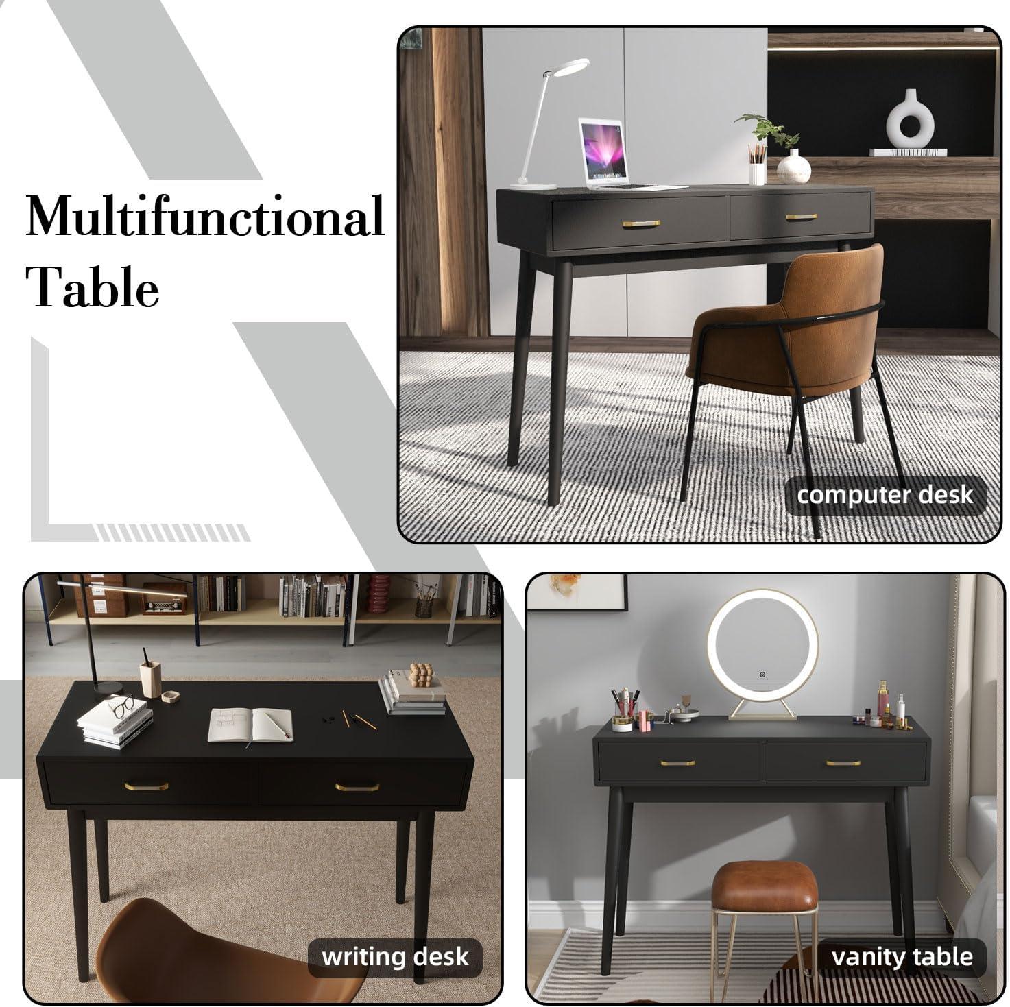 Small White Desk with 2 Drawers, Modern Writing Desk for Small Spaces, Home Office Desk for Study, Laptop Computer Desk for Work, Makeup Vanity Table for Bedroom (White)