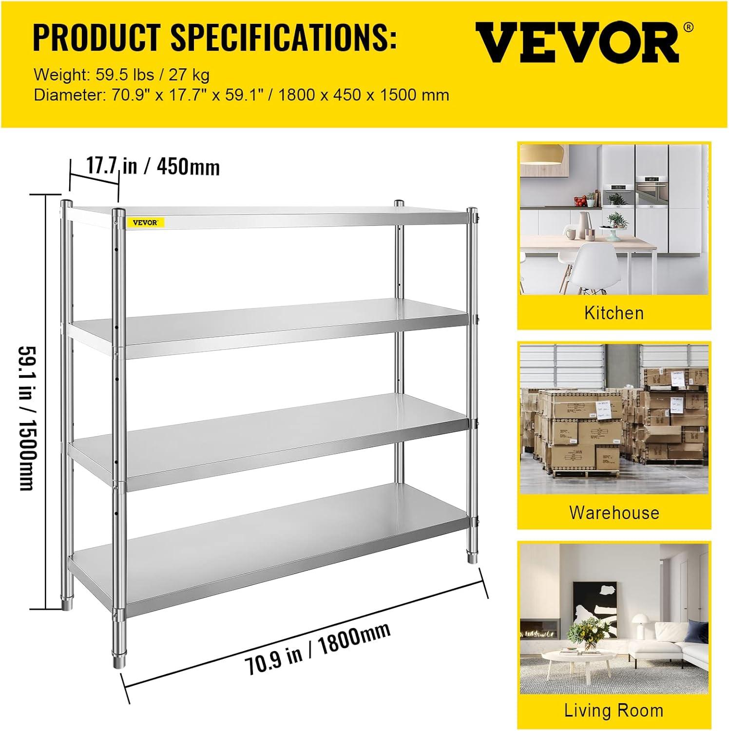 VEVOR 4-Tier Adjustable Stainless Steel Storage Shelf