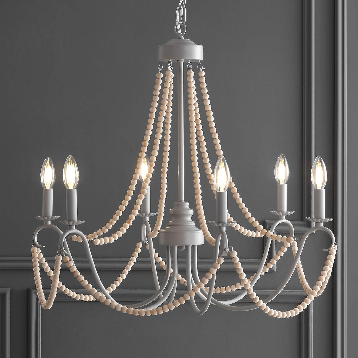 Rustica 6-Light 27" Adjustable Greige Metal/Wood Bead LED Chandelier, Grey/Natural