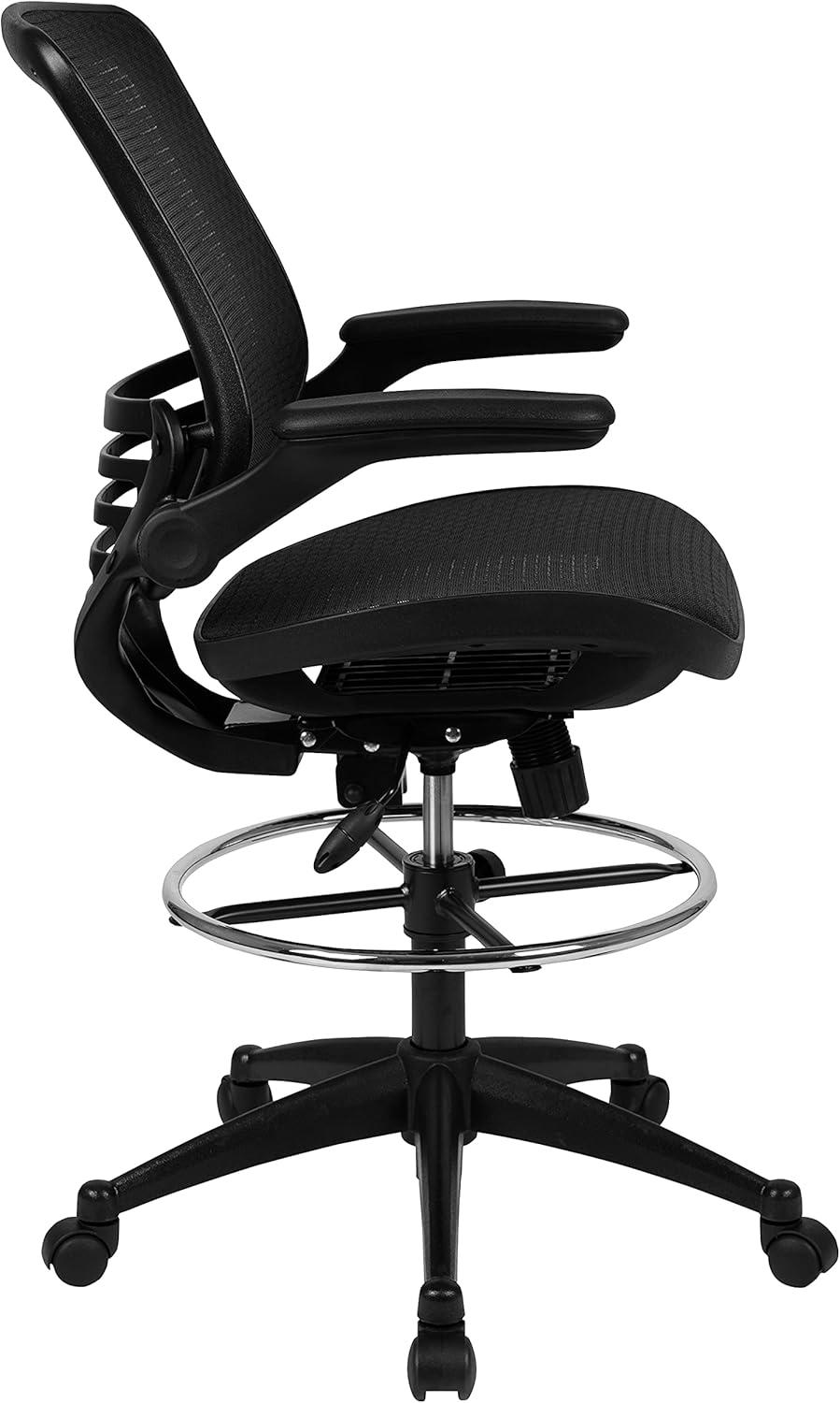 Flash Furniture Waylon Mid-Back Transparent Black Mesh Drafting Chair with Black Frame and Flip-Up Arms