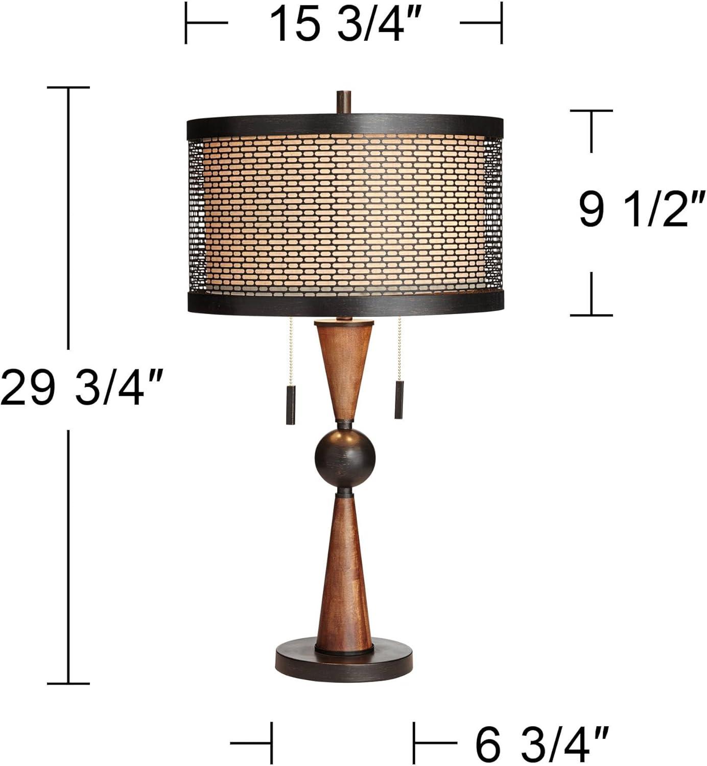 Franklin Iron Works Hunter Modern Rustic Farmhouse Table Lamp 29 3/4" Tall Cherry Wood Bronze Metal Double Drum Shade for Bedroom Living Room House